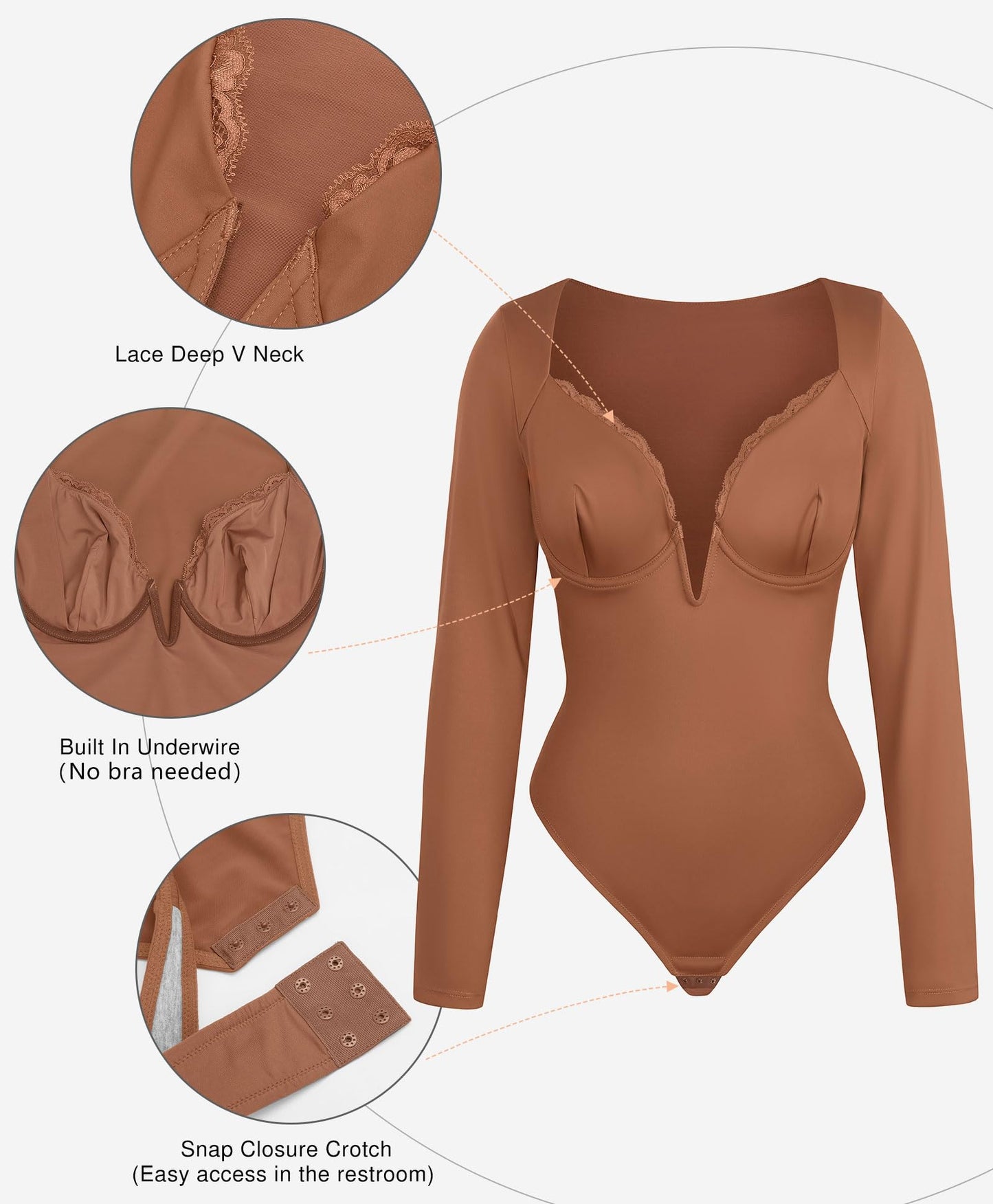 Lace Shapewear Bodysuit Long Sleeve Body suits -  Deep V Neck Tummy Control Corset Top