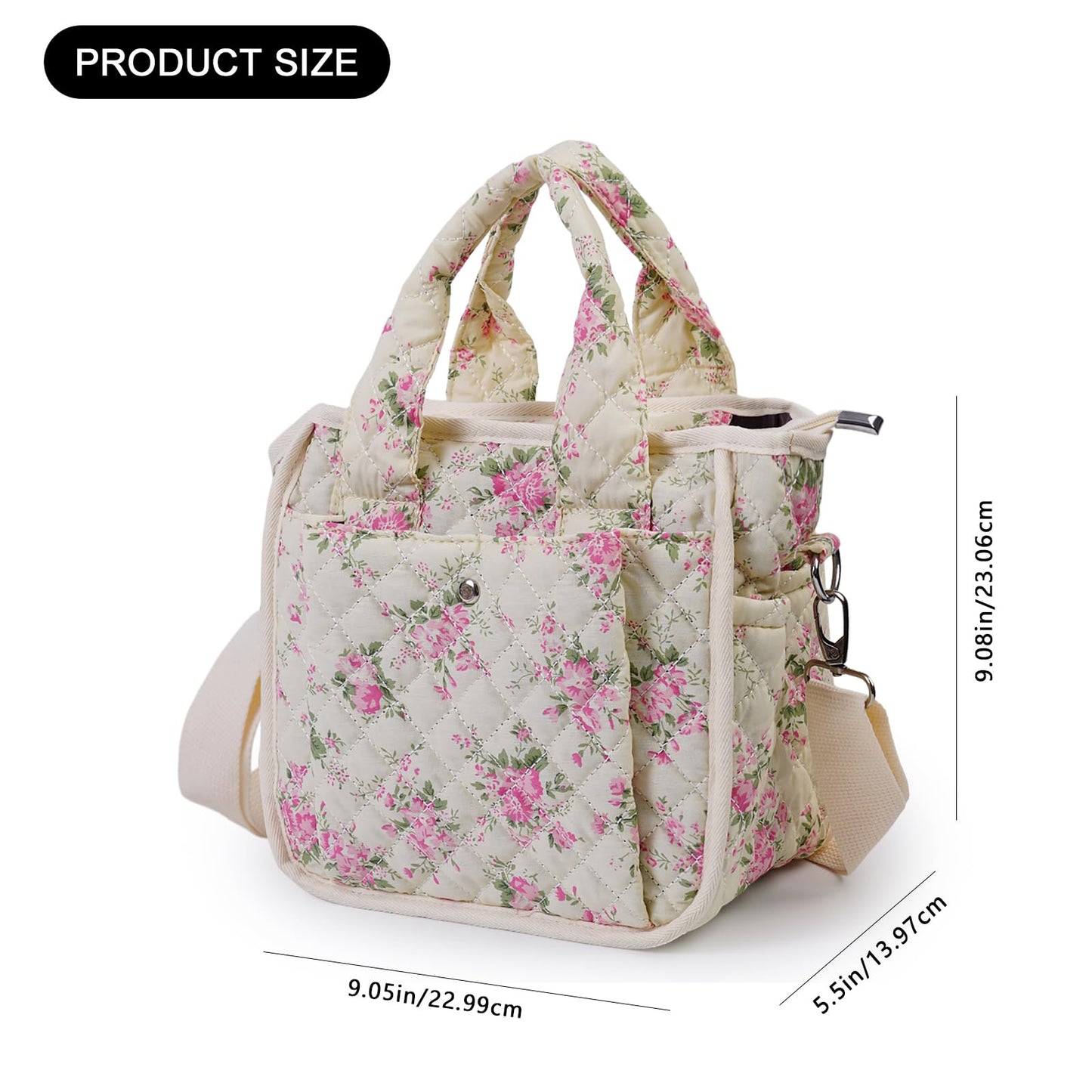 Small Floral Quilted Tote Bag - Cute Crossbody Shoulder Purse with Pockets