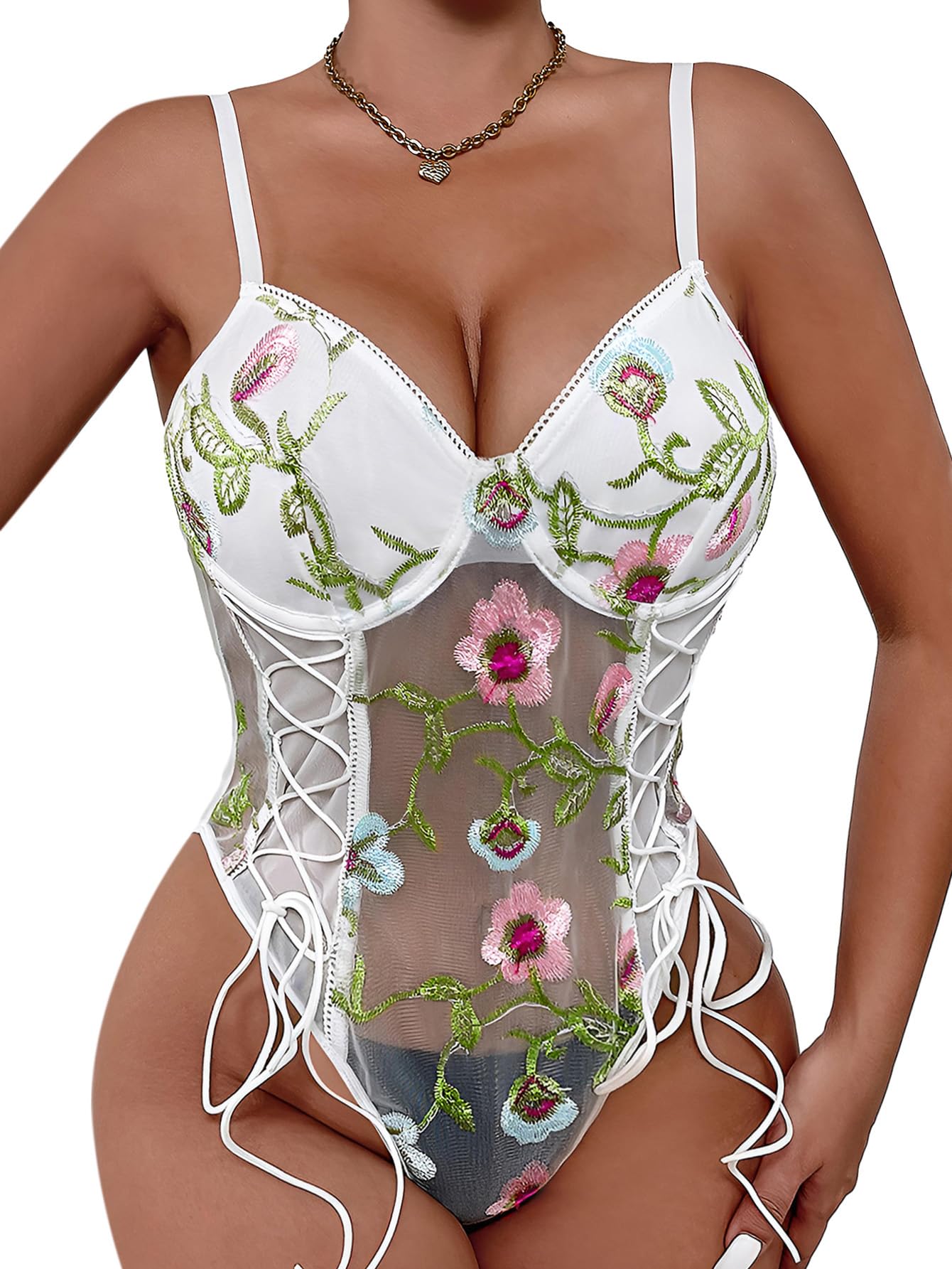 Women Sexy Lace Up Lingerie - Floral Embroidered Teddy Bodysuit Top Mesh Sheer One Piece