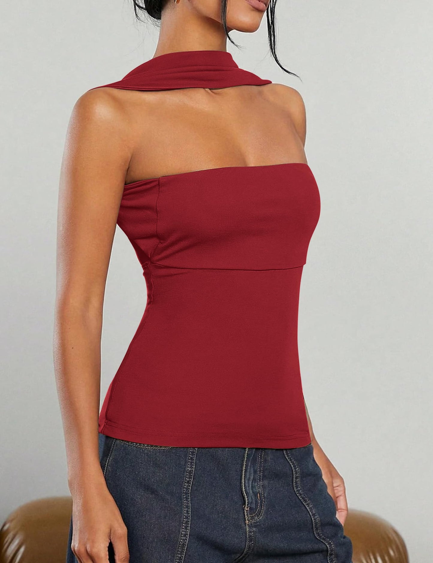 Ruched Strapless Halter Tube Top - Sexy Open Back Slim Fit Bandeau Shirt Sleeveless Off Shoulder