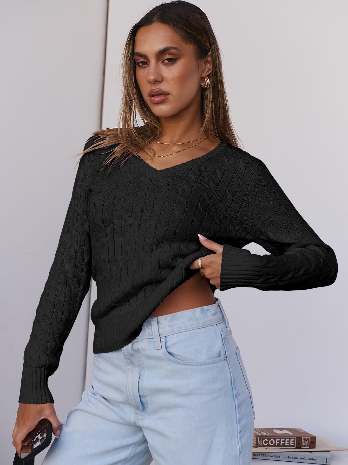 Women's Long Sleeve V Neck Cable Knit Sweater Jumper