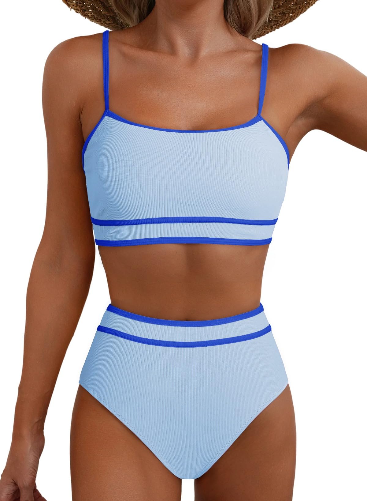 Womens Bikini Sets Ribbed Color Block Swimsuit Scoop Neck Bathing Suit