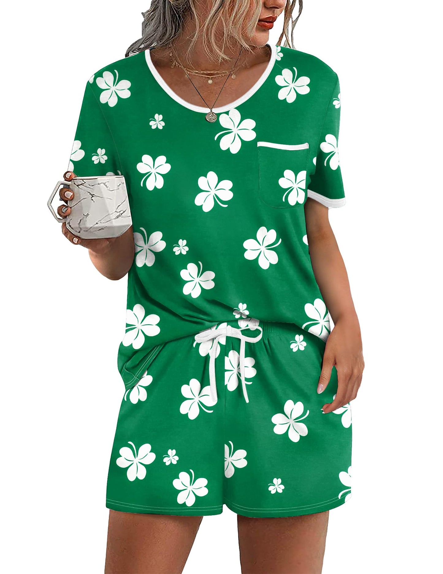 Pajama Set for 2 Piece Lounge Set Short Sleeve Tops and Shorts Soft Sleepwear, Chest Pocket