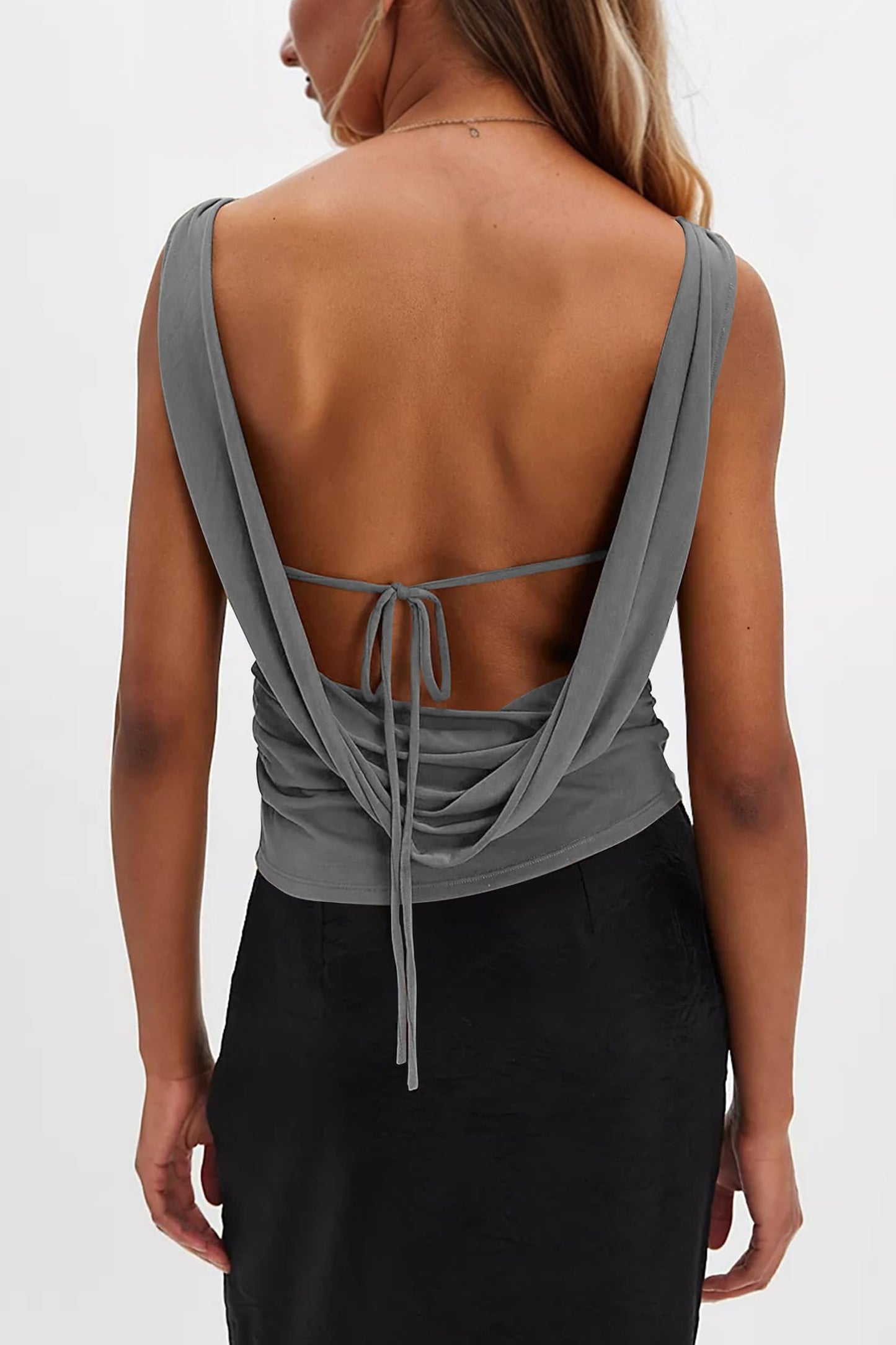 Sexy Backless Boat Neck Sleeveless Shirts Top Drawstring Ruched Fitted Y2k