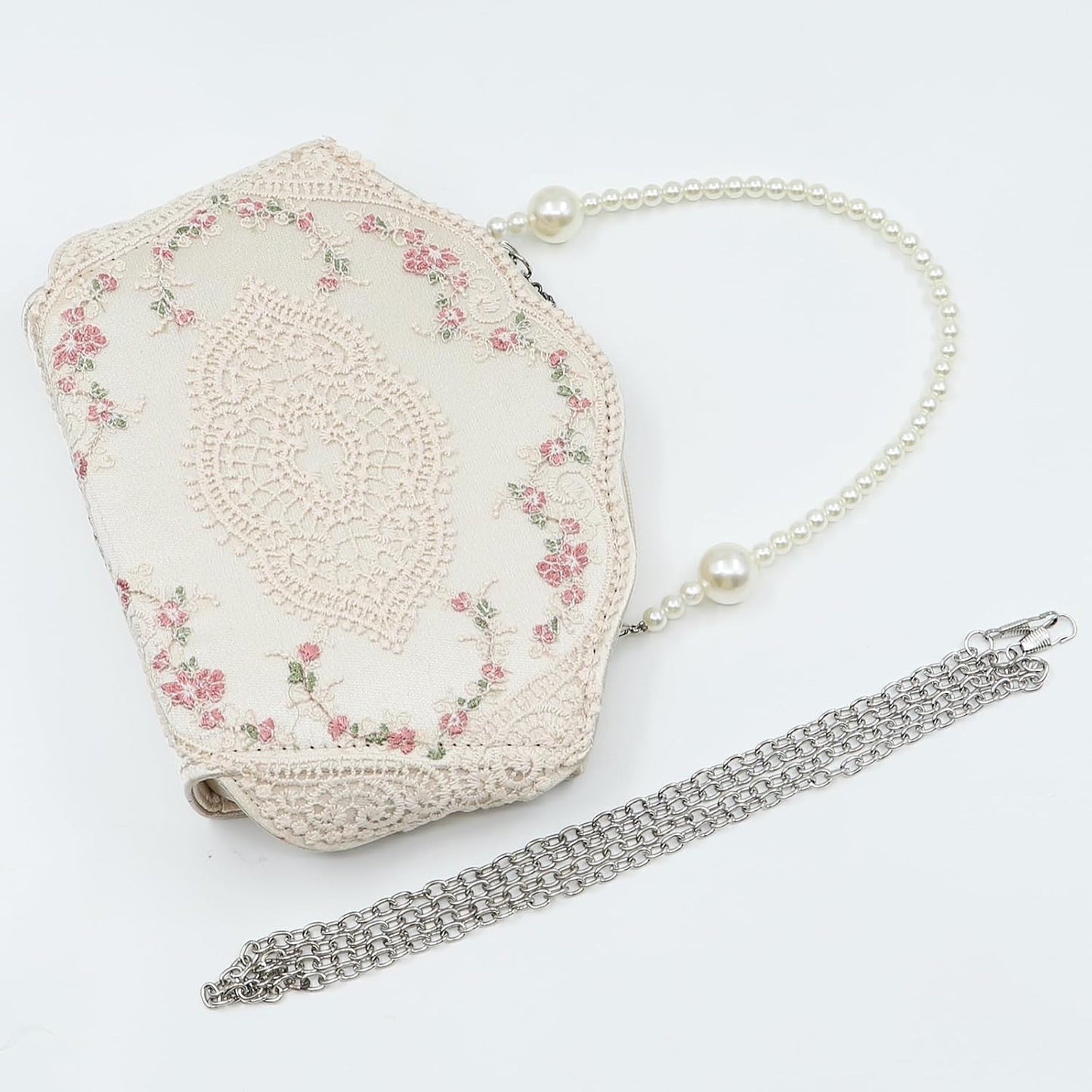 White Lace Embroidered Clutch Purse – Elegant Evening Bag with Pearl Handles for Weddings, Proms & Parties