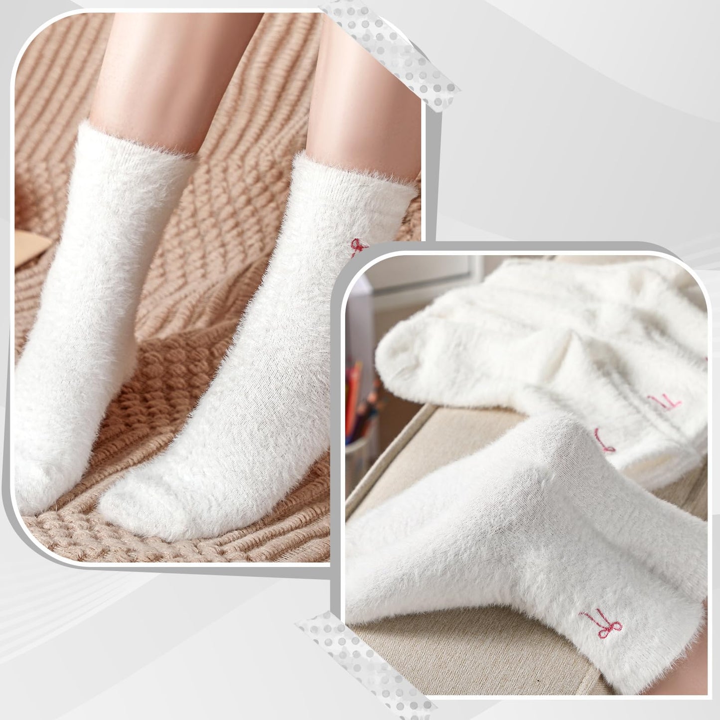 Women's Bow Fuzzy Socks Winter Crew Slipper Socks Coquette 5 Pcs