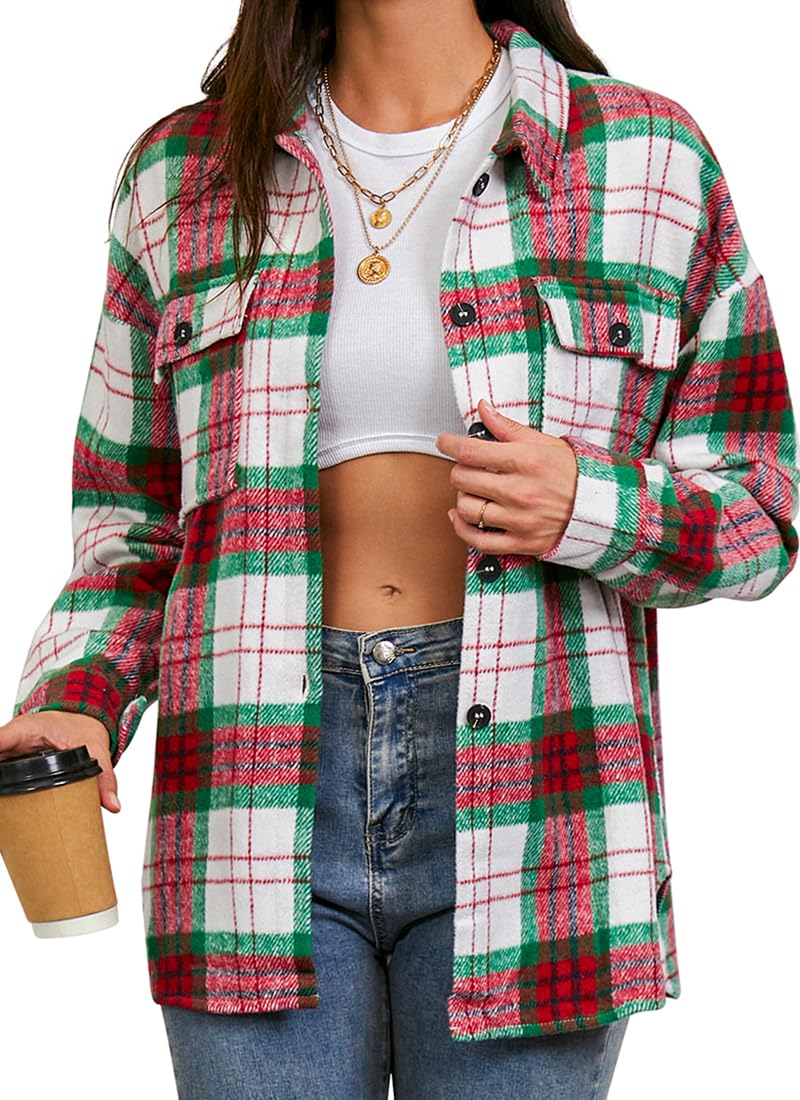 Women's Casual Flannel Plaid Shacket Button Down Long Sleeve Shirt Jacket Coats with Pockets