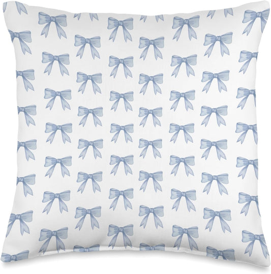 Coquette Aesthetic Blue Bow Preppy Cute Pattern Girl Throw Pillow