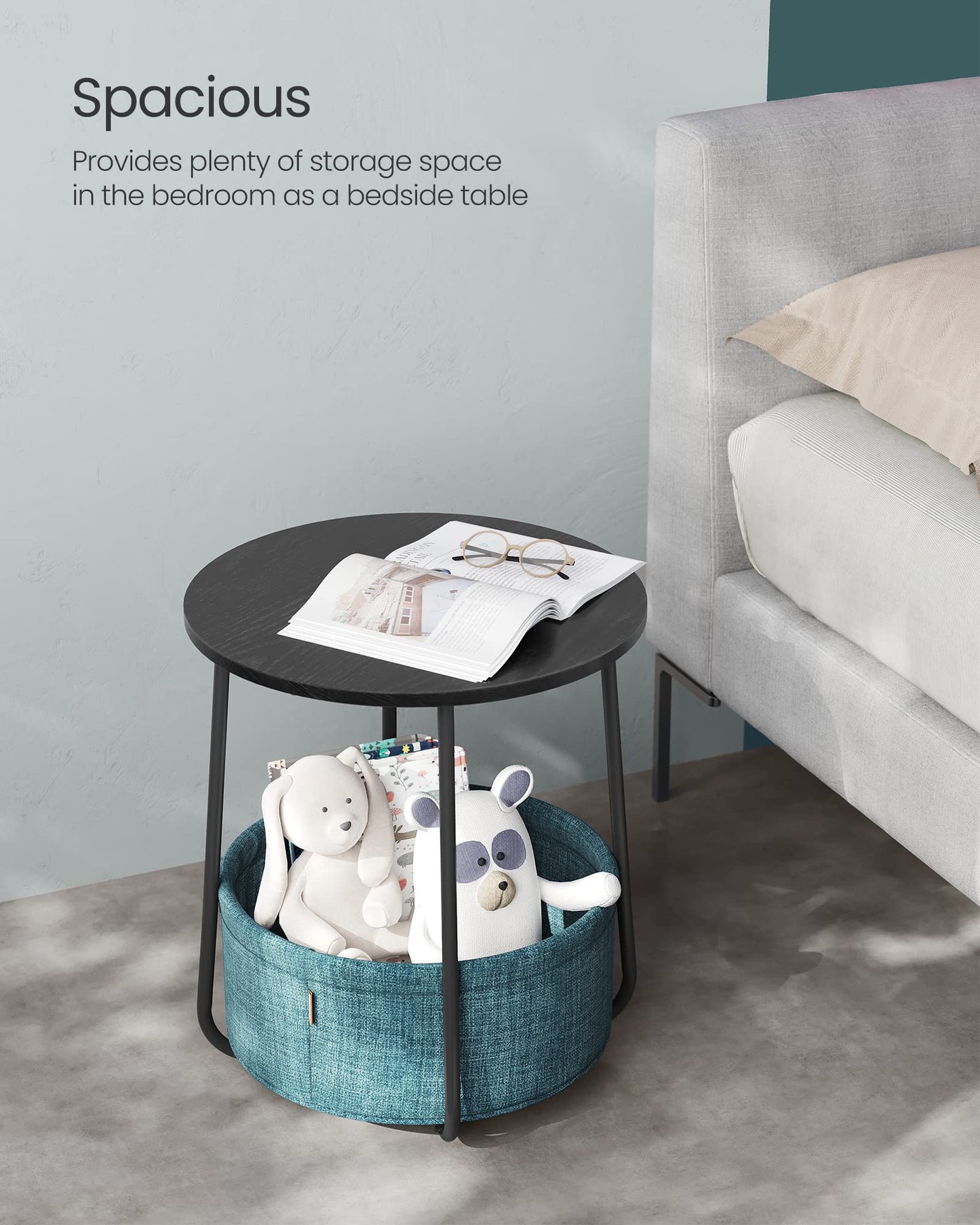 Small Bedside Table with Fabric Basket, Modern Nightstand, Round Side Table