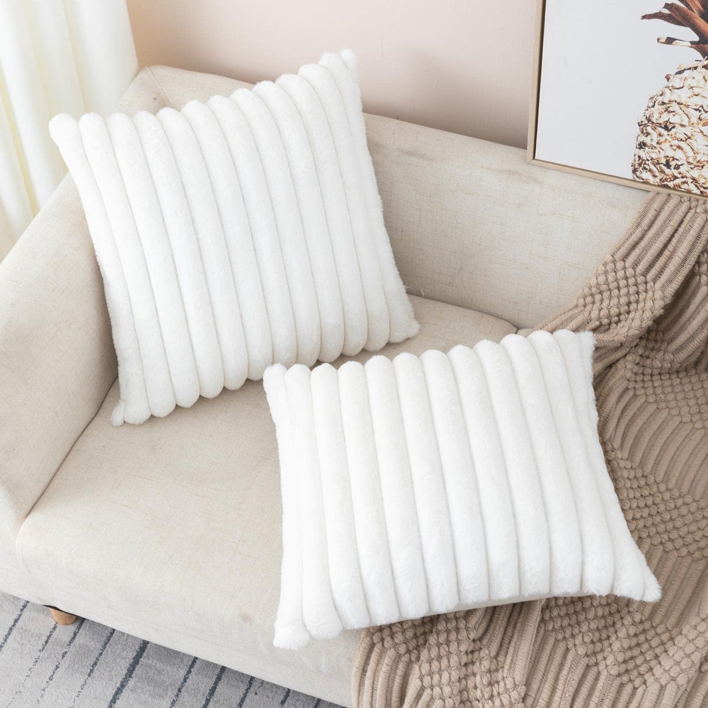 Set of 2 Fluffy Faux Fur Striped Pillow Covers – Decorative Cushion Cases