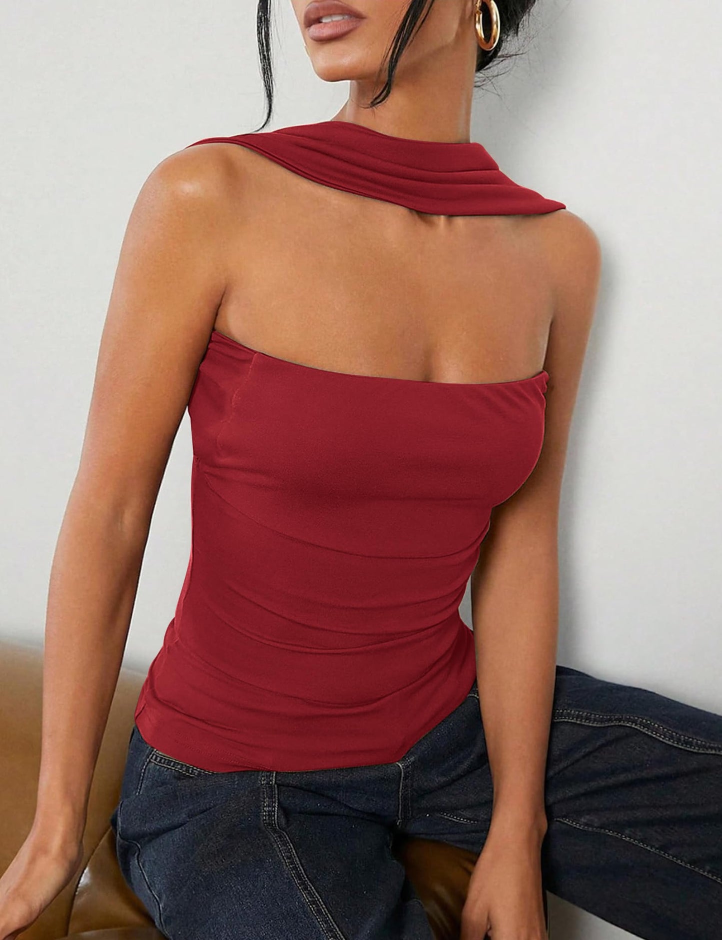 Ruched Strapless Halter Tube Top - Sexy Open Back Slim Fit Bandeau Shirt Sleeveless Off Shoulder