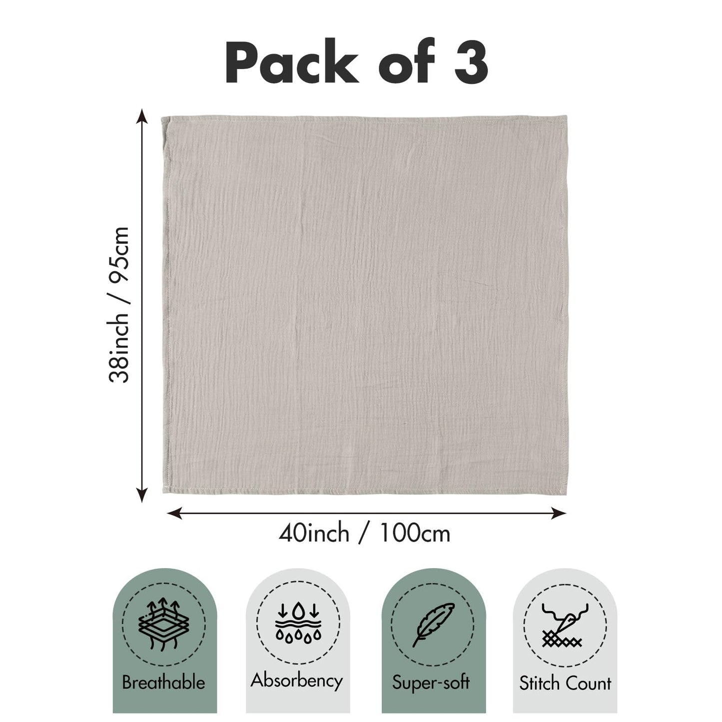 Muslin Swaddle Blankets for Newborn, 3 Pack Breathable Soft Receiving Blanket, Large 38 x 40 inches