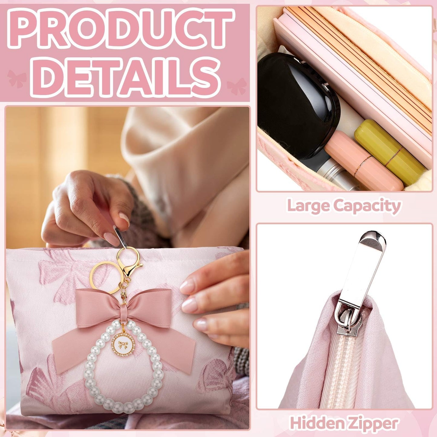 Coquette Pink Makeup Bag Pearl Bow Wristlet Keychain