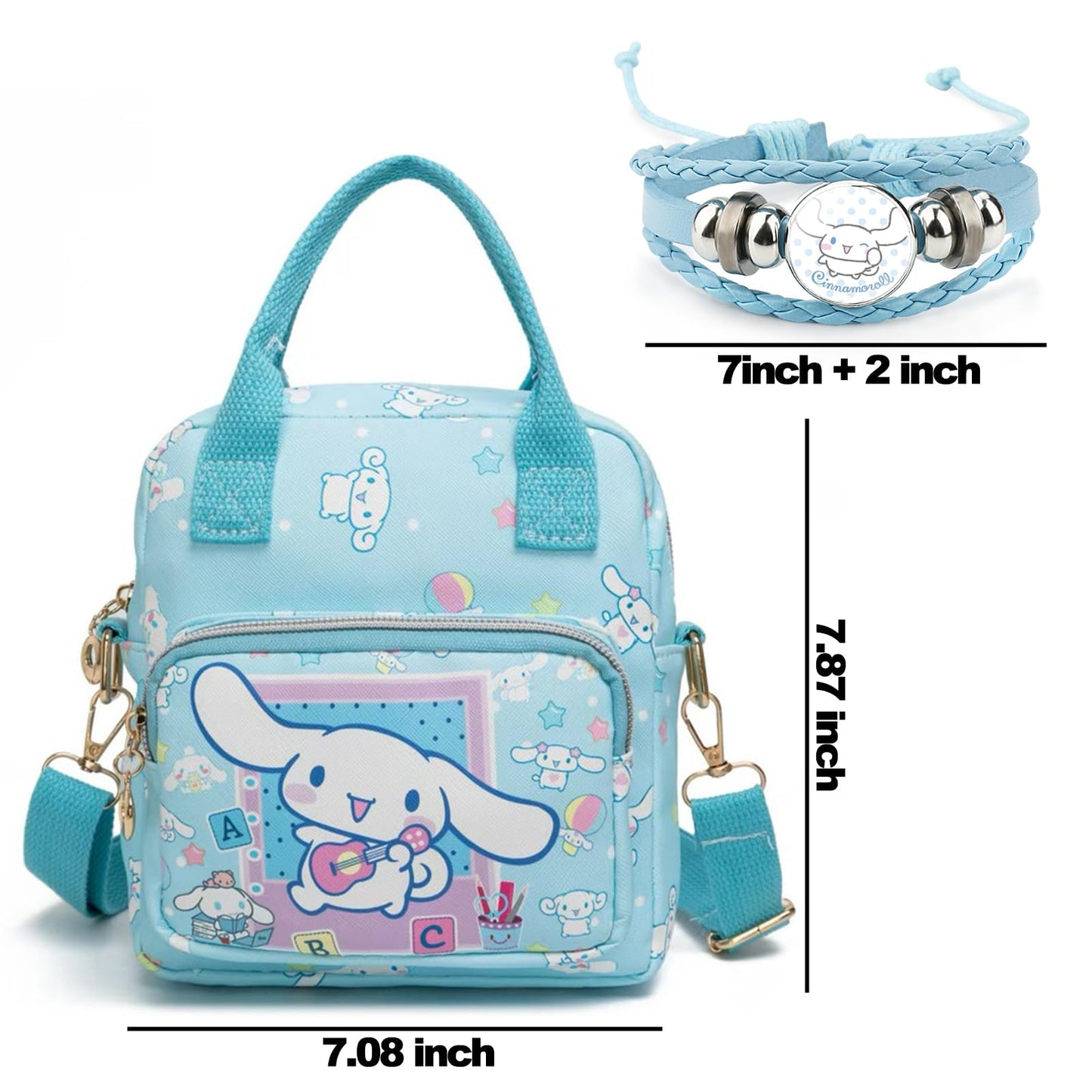 Kawaii Kitty PU Crossbody Bag with Handles Adjustable Shoulder Strap and Bracelet, Handbag with Zipper, Wallet Purse