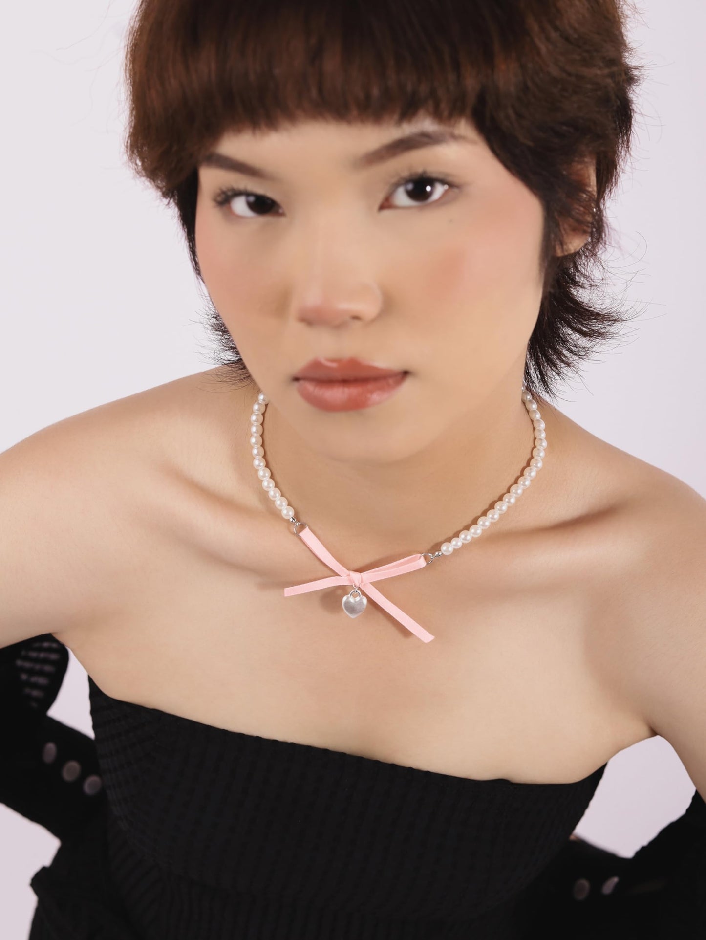 Y2K Kawaii Coquette Pink Bow Cutecore Aesthetic Beaded Choker Necklace