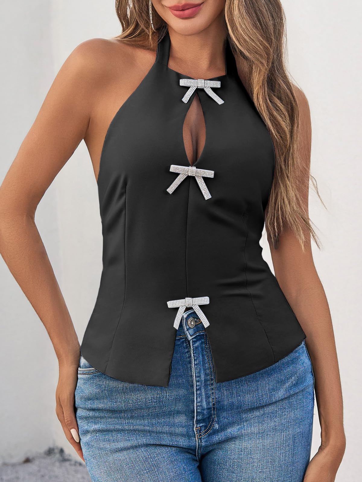 Cute Bow Halter Tank Tops Sexy Keyhole Backless Slim Fit Crop Tops