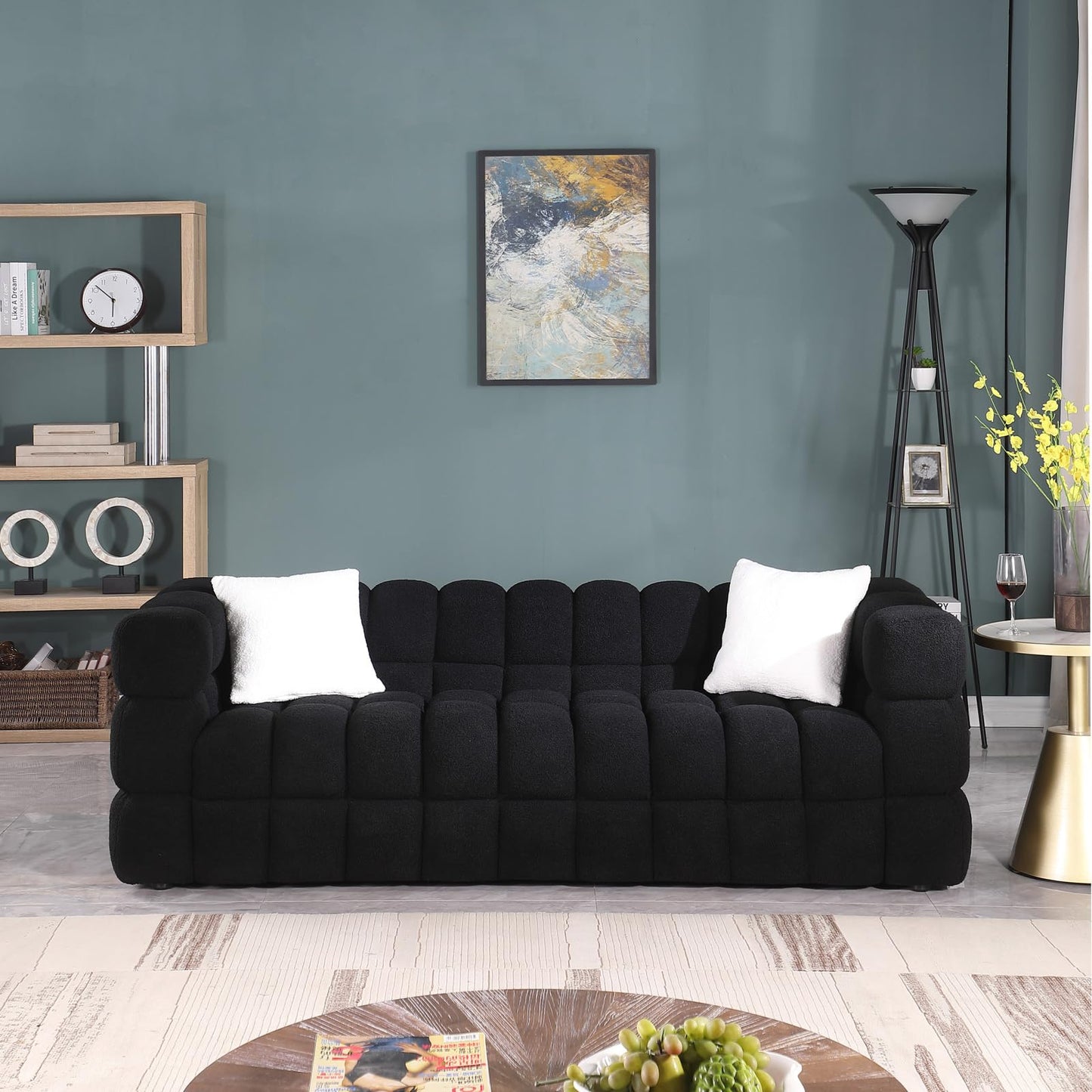 Modern Sofa Couch with Metal Legs Upholstered Tufted 3 Seater Couch with 2 Pillows Decor