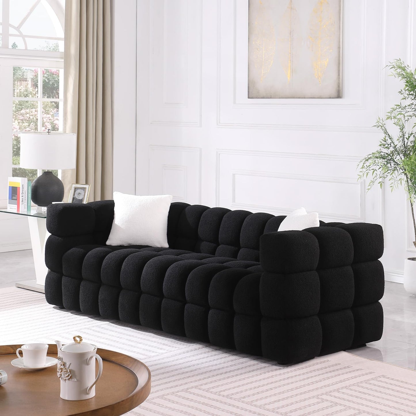 Modern Sofa Couch with Metal Legs Upholstered Tufted 3 Seater Couch with 2 Pillows Decor