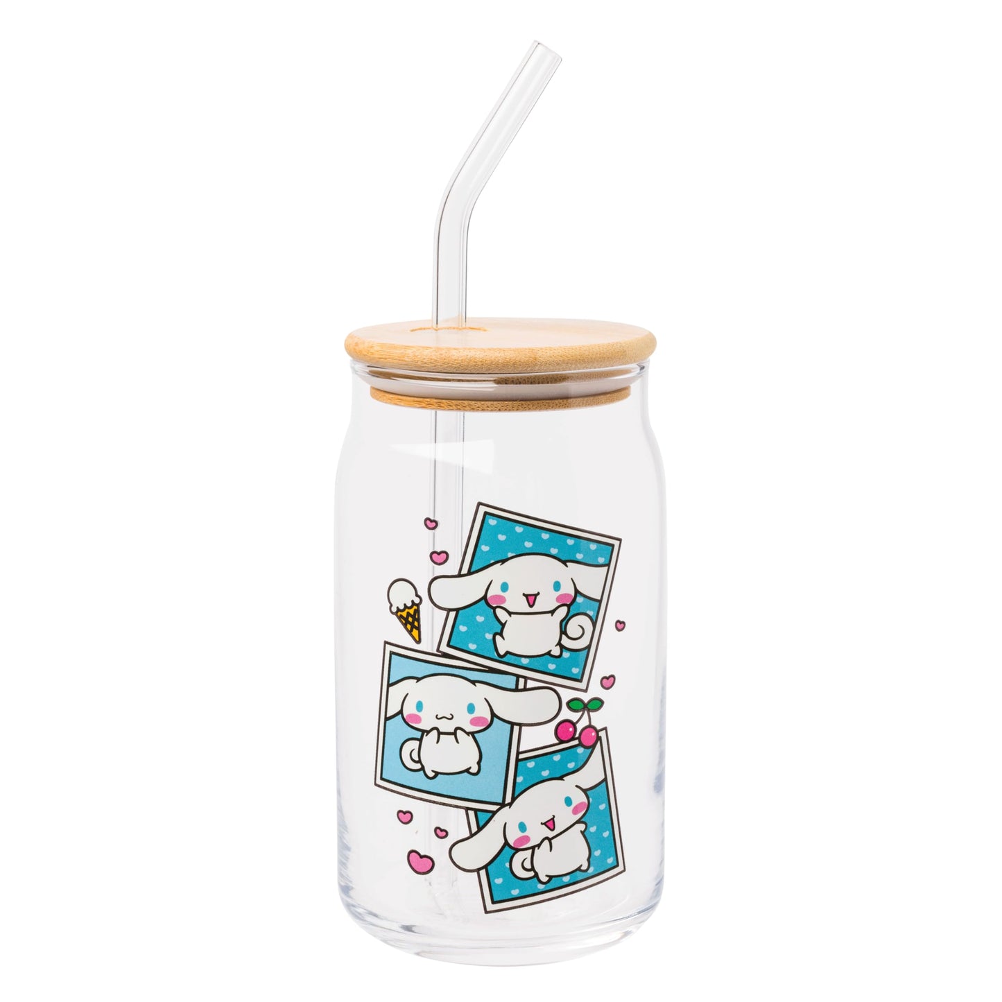 Sanrio Glass Jar Tumbler with Bamboo Lid and Glass Straw, 16 Ounces