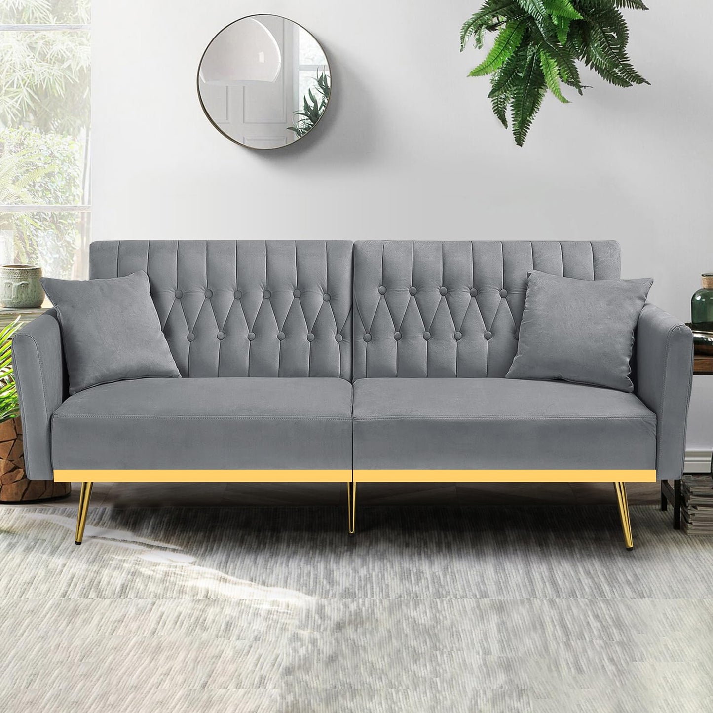 Velvet Futon Sofa Bed with 2 Pillows and Adjustable Armrests, 70”