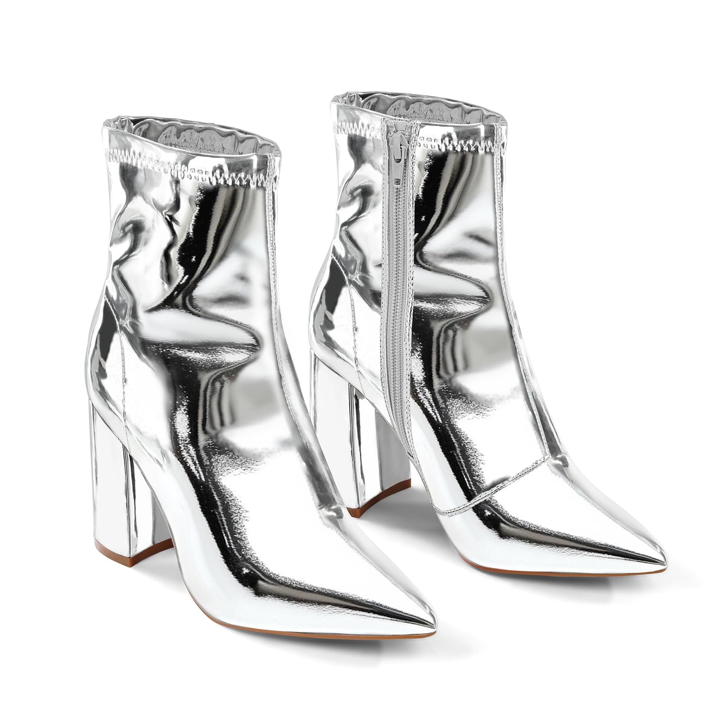 Women's GoGo Boots Mid Calf Block Heel Ankle Boots Pointed Toe Patent Leather Side Zipper Booties