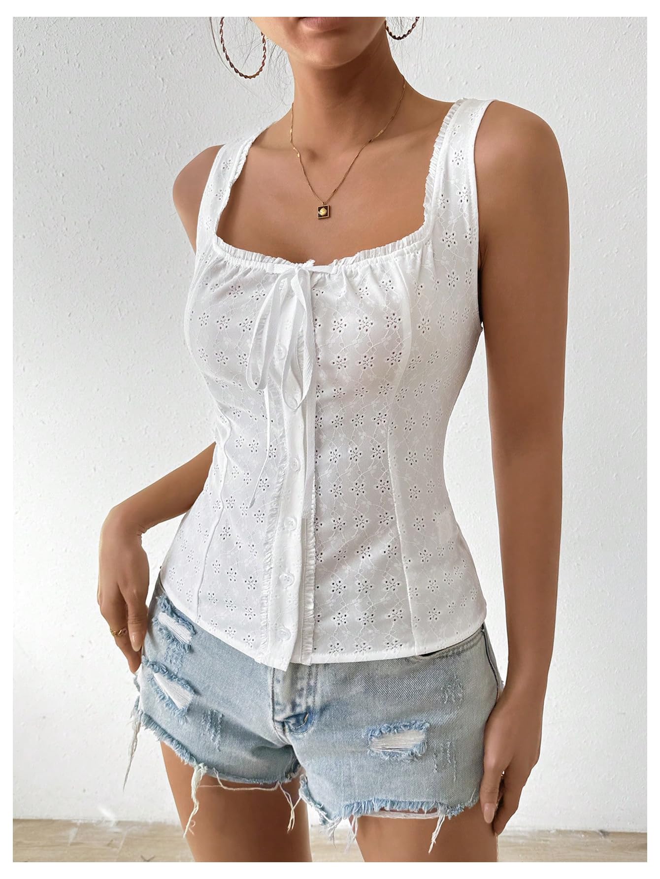 Women Square Neck Sleeveless Lace Tank Top