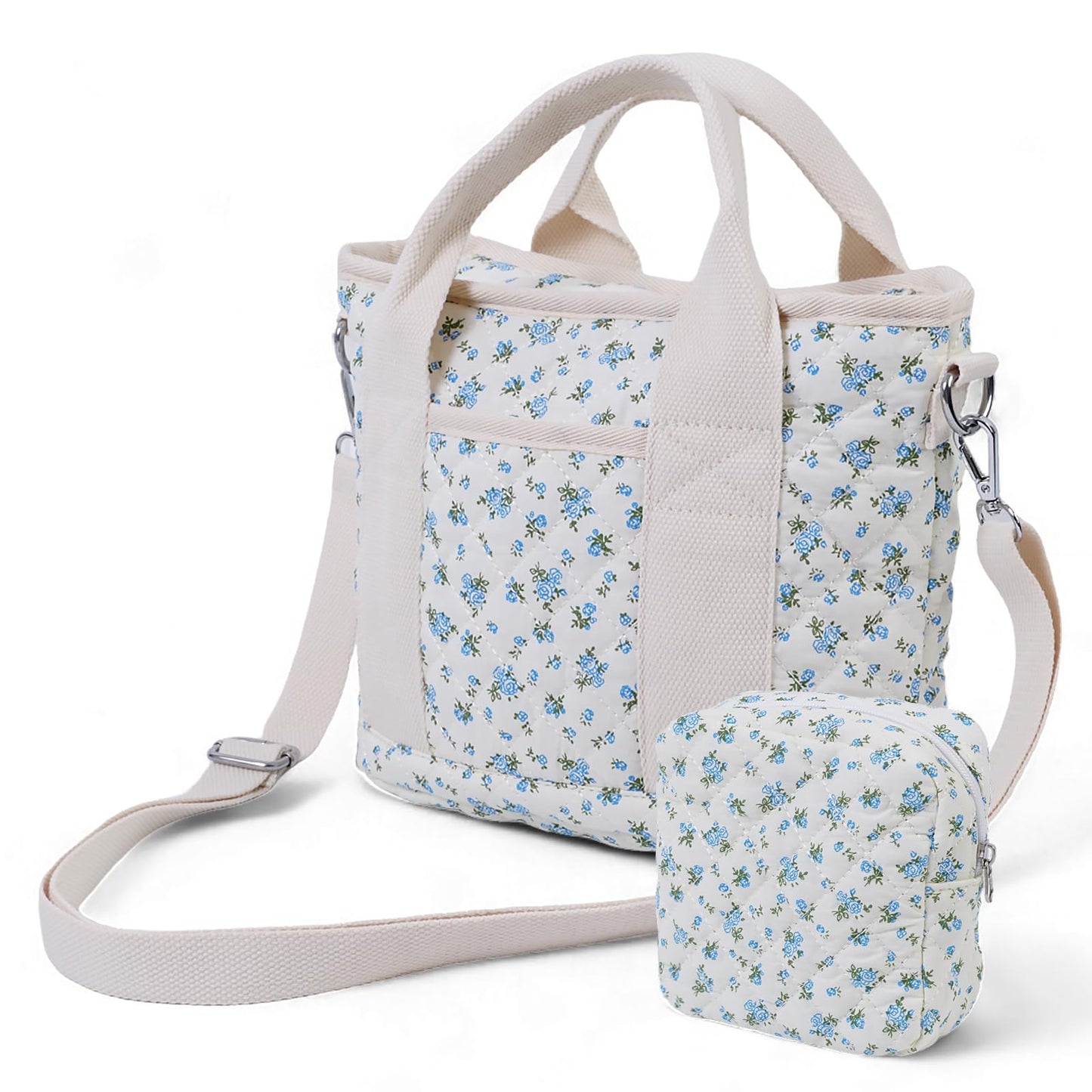 Small Floral Quilted Tote Bag - Cute Crossbody Shoulder Purse with Pockets