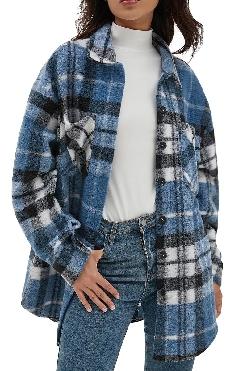 Women's Casual Flannel Plaid Shacket Button Down Long Sleeve Shirt Jacket Coats with Pockets