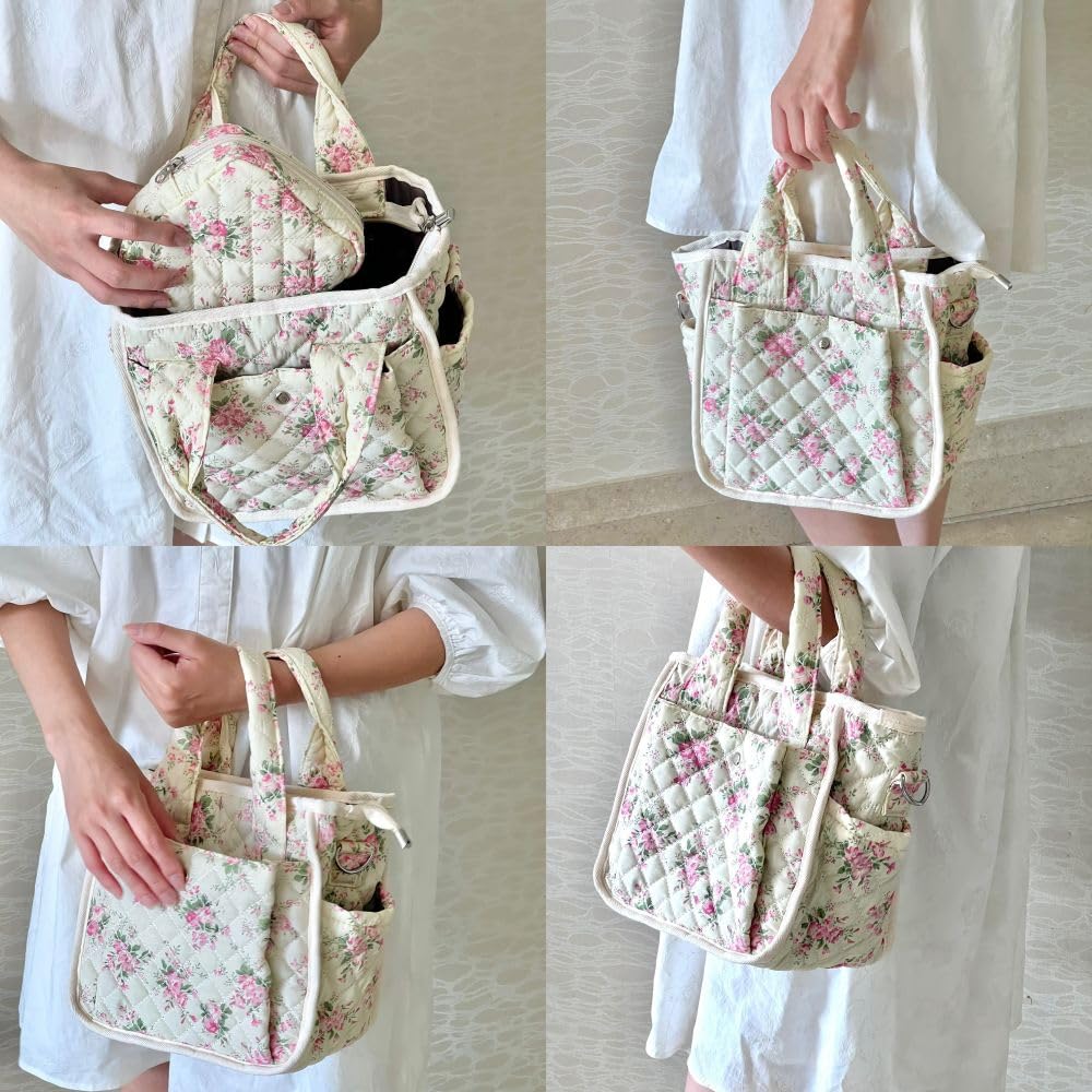 Small Floral Quilted Tote Bag - Cute Crossbody Shoulder Purse with Pockets