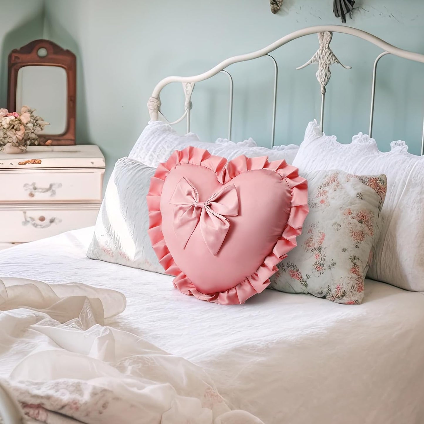 Pink Heart Ruffle Throw Pillow Heart Coquette Room Decor 15.75 Inch