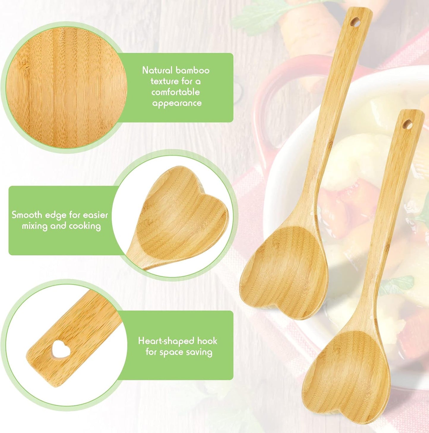 Wooden 2 Pieces Heart Spoons for Cooking 12.2 Inch Bamboo Spoon Kitchen Utensils