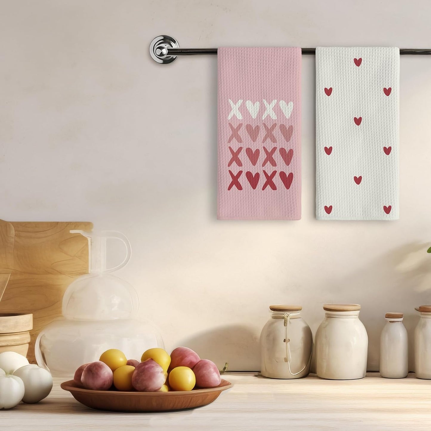 Pink XOXO Valentines Day Kitchen Hand Towels 16x24In Set of 2, Love Heart Dish Towels for Valentine's Day Decor