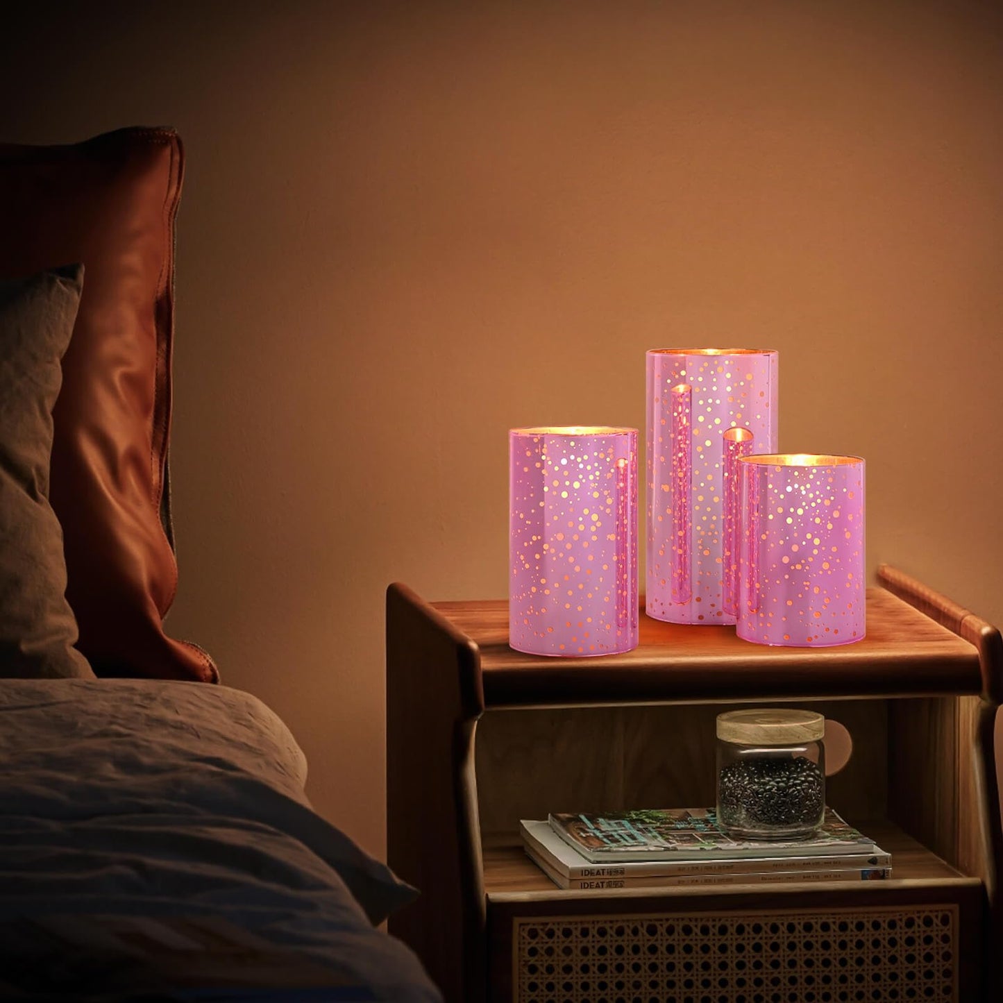 Pink Glass Battery Operated Flameless Candles with Remote and Cycling 24 Hours Timer, (Batteries Included)