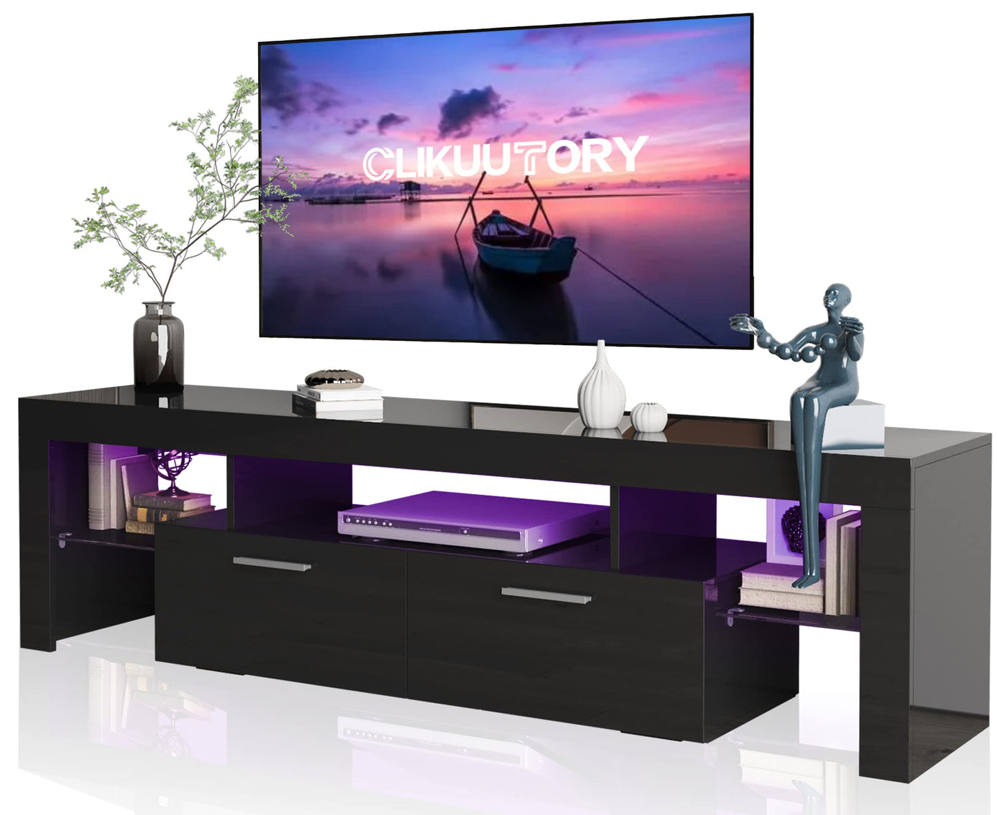 LED TV Stand with Large Storage Drawer -  Modern High Gloss TV Console Table with Entertainment Center