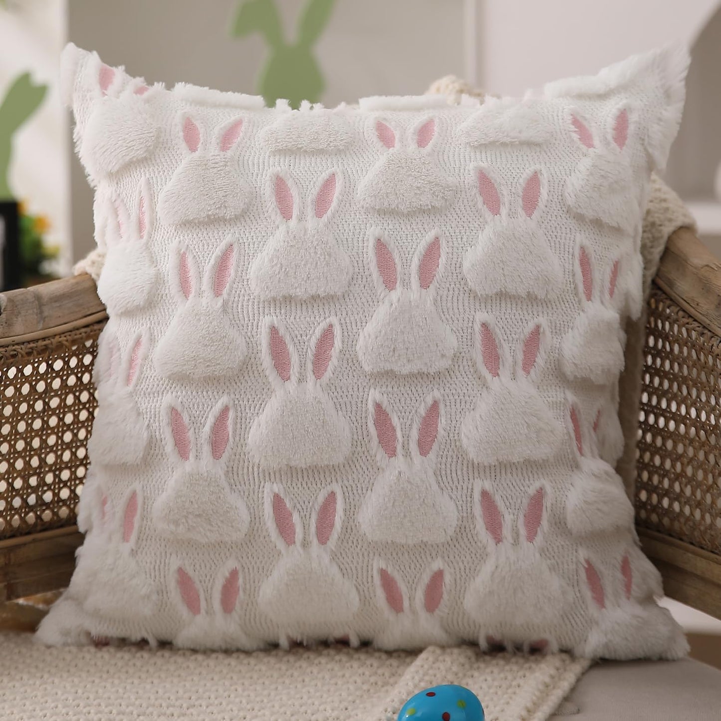 Easter Bunny Pillow Covers | Set of 2 Easter Soft Plush Faux Fur Jacquard Throw Pillows