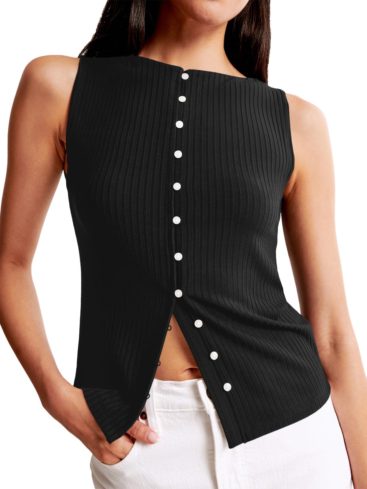 Ribbed Knit Button Down Tank Tops Slim Fit Shirts Round Neck Cropped