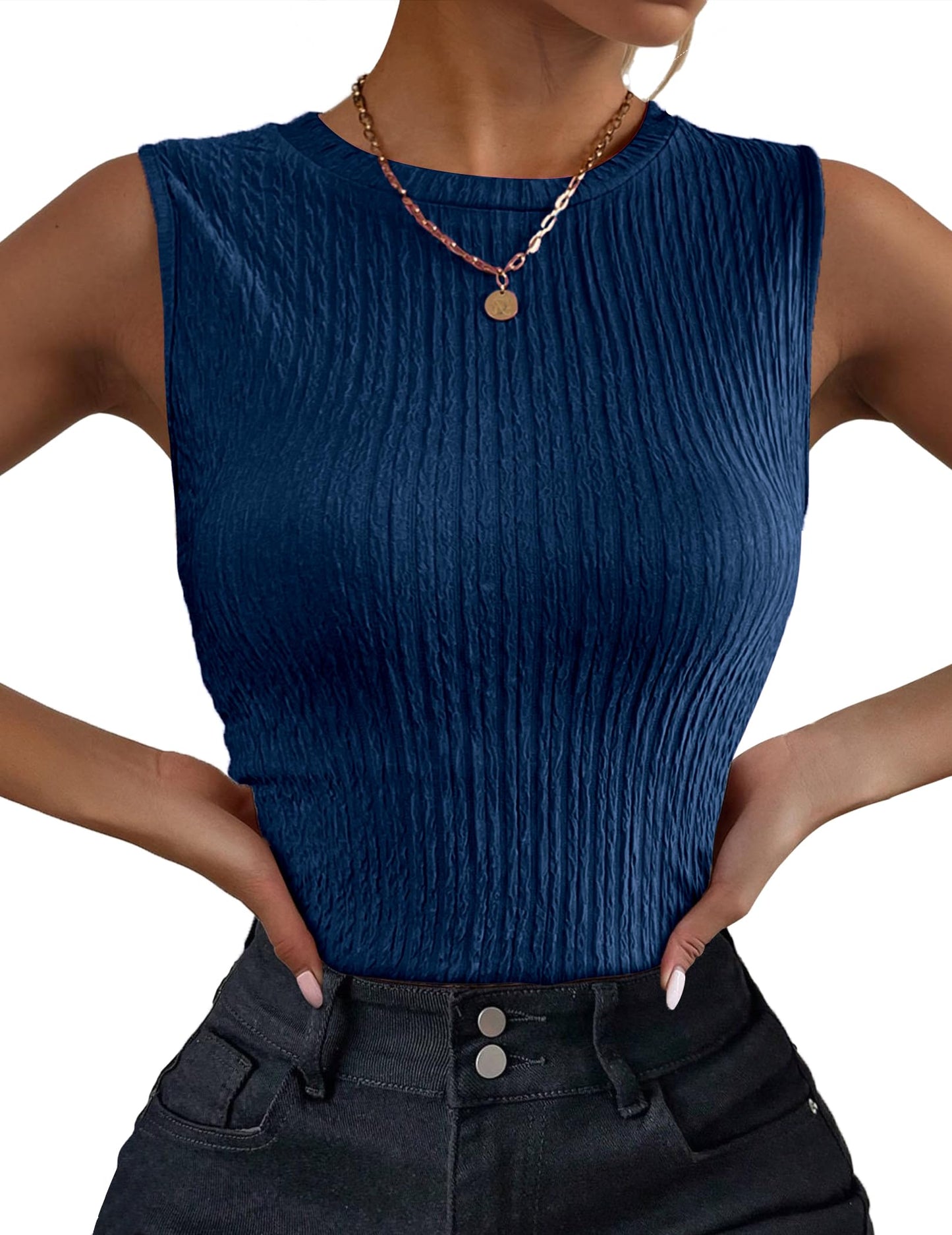 Women's High Neck Tank Top Ribbed Knit Slim Fitted Basic Textured Sleeveless Shirts