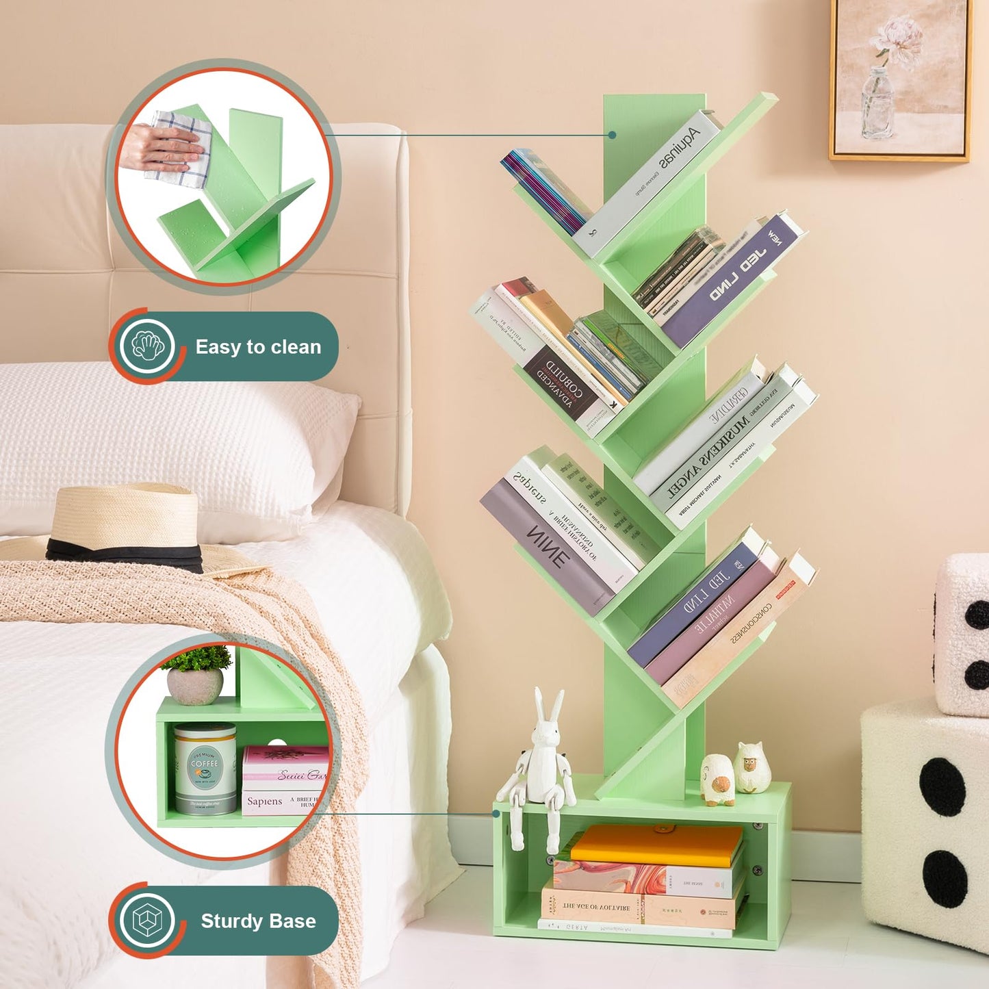 Tree Bookshelf - 6 Shelf Retro Floor Standing Bookcase, Tall Wood Book Storage Rack