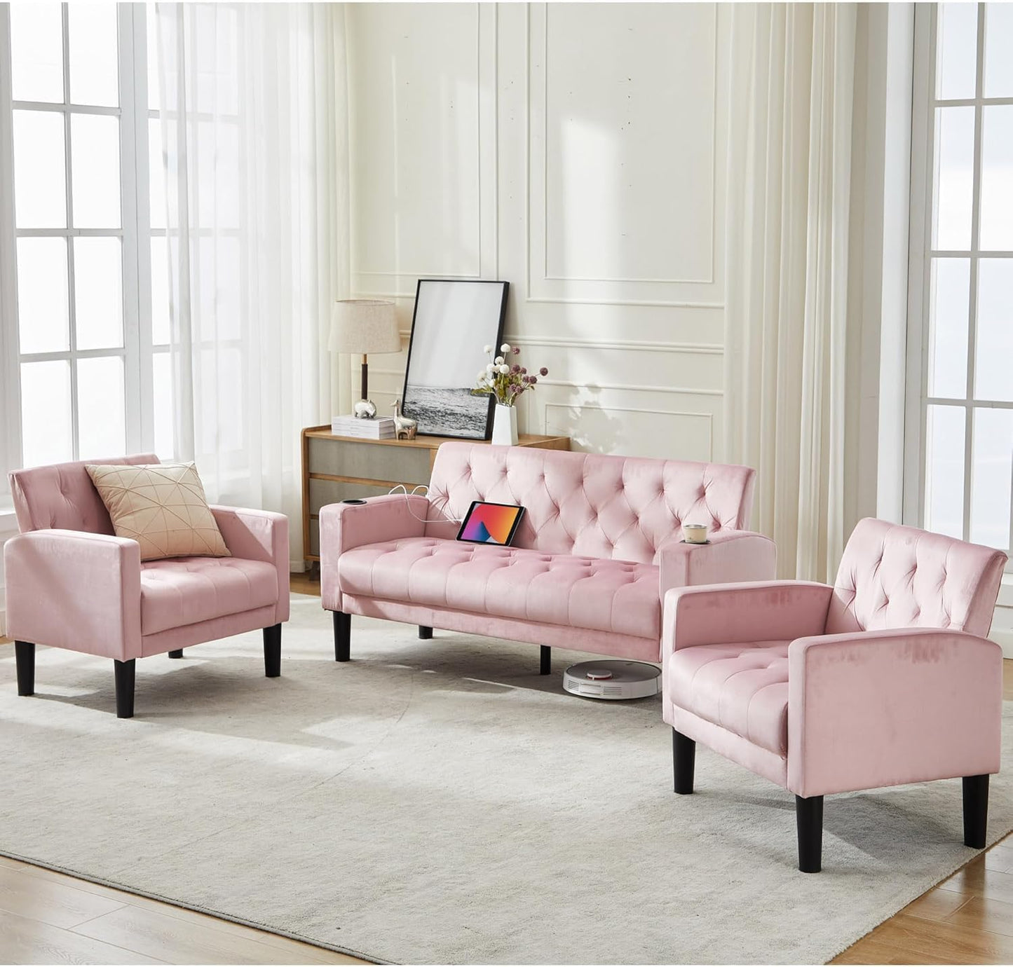 Loveseat Sofa w/ 2 USB Charger Ports and 2 Cupholders, Mid-Century Modern Tufted Pink Velvet