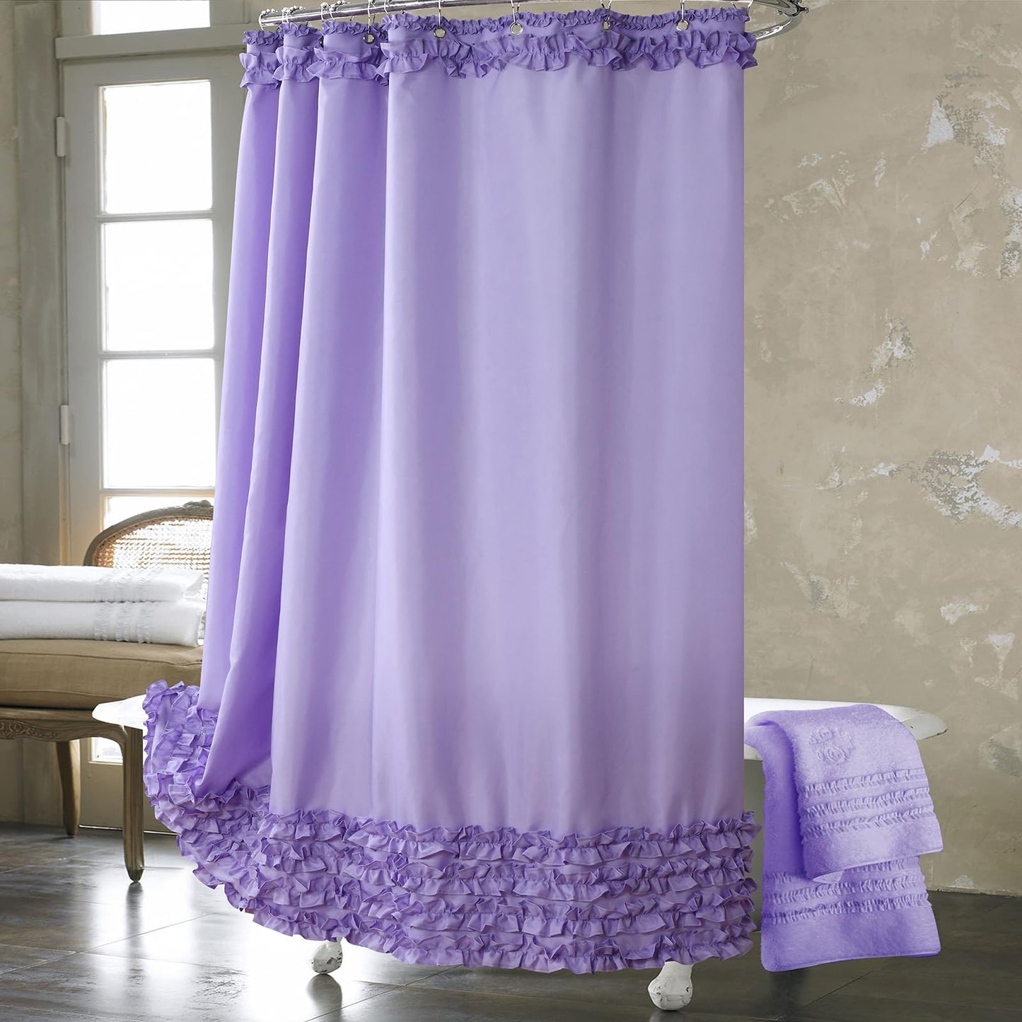 Ruffle Shower Curtain, Pink Fabric Shower Curtain with Handmade Ruffles, Farmhouse Chic Bath Curtains, 72" W x 72" H