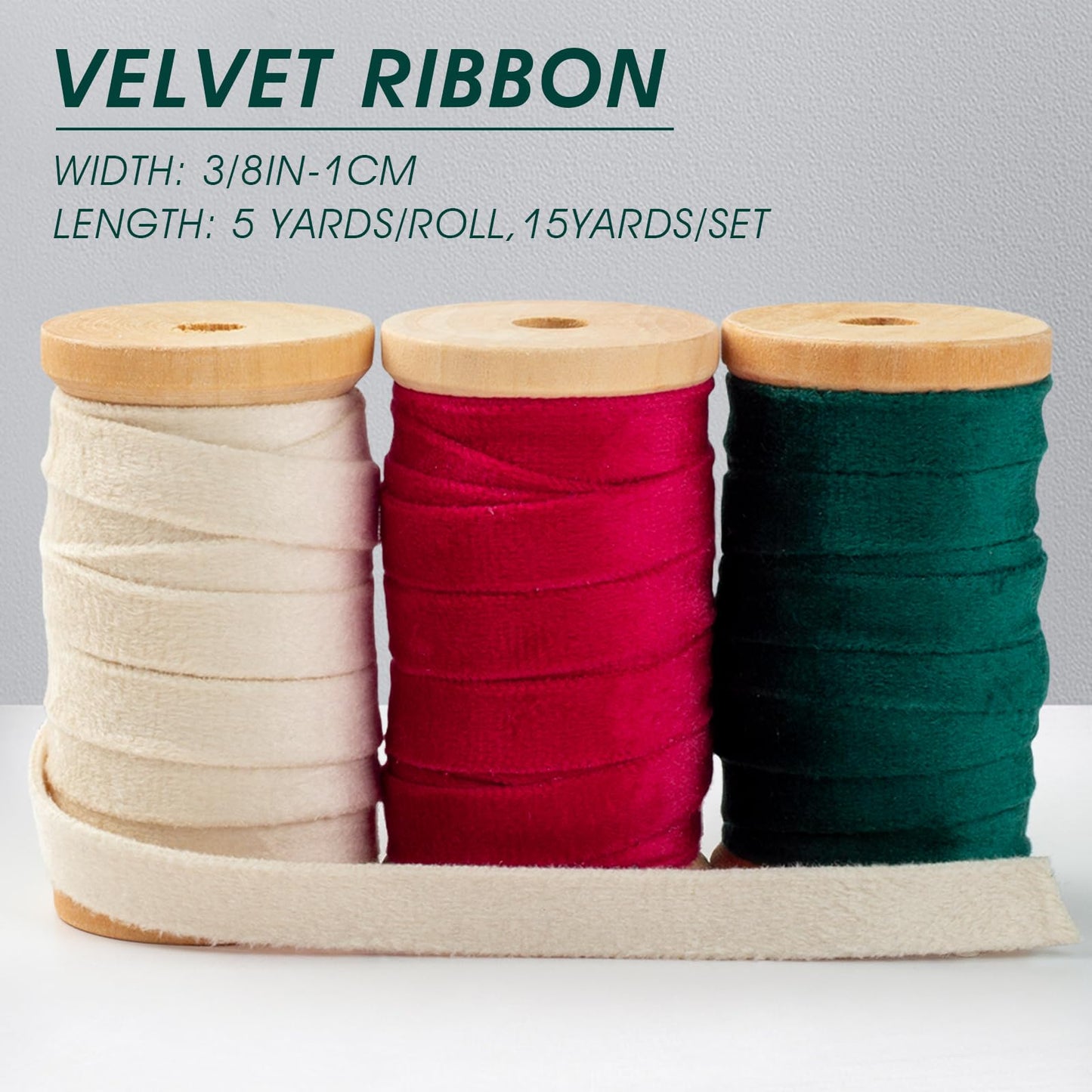 Velvet Ribbon Set: 3 Rolls of 3/8" Wide, 5 Yards Each, on Wooden Spools for Crafts and Decorations