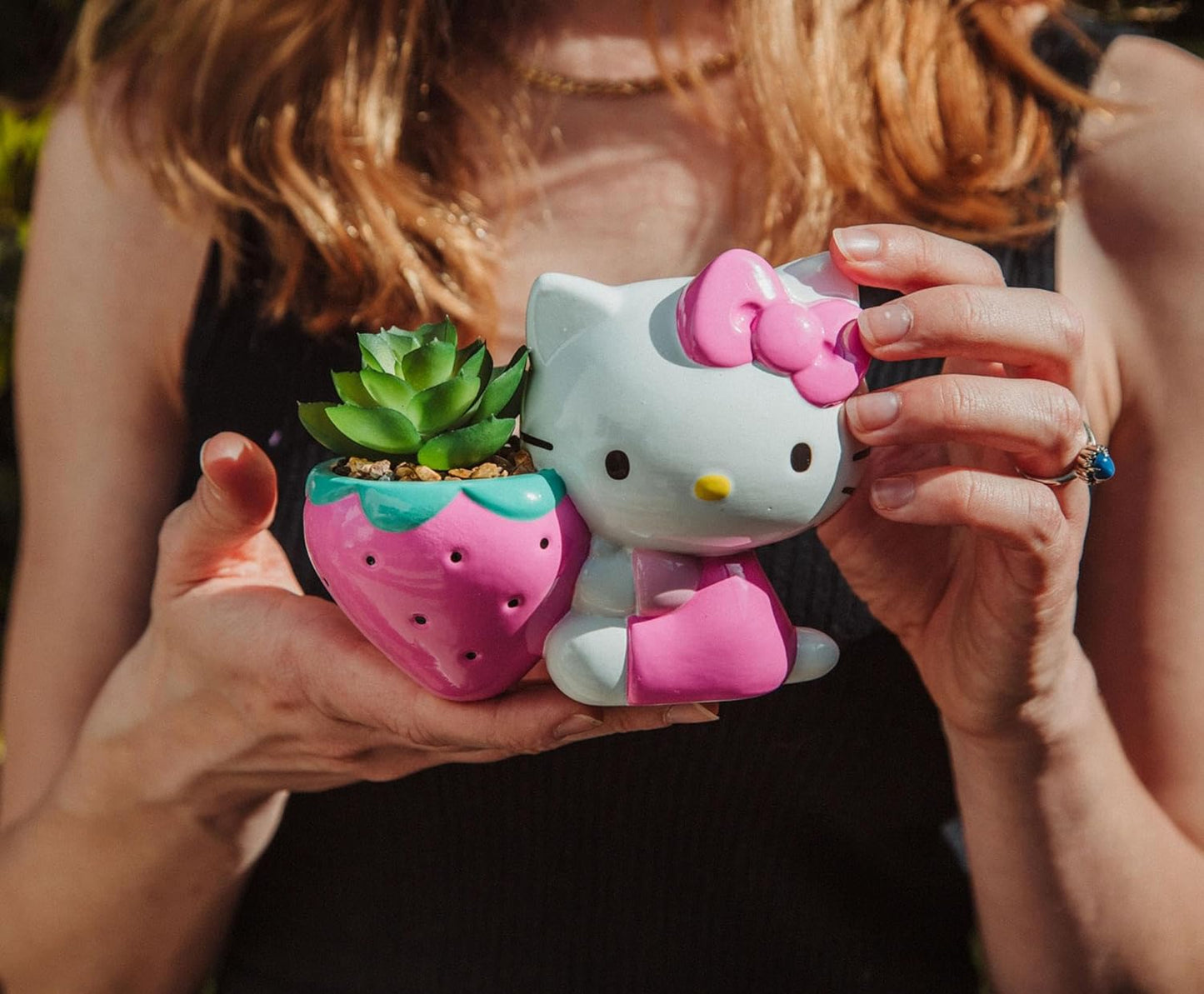 Hello Kitty Strawberry 5-Inch Ceramic Planter with Artificial Succulent | Cute Flower Pot, Faux Indoor Plants