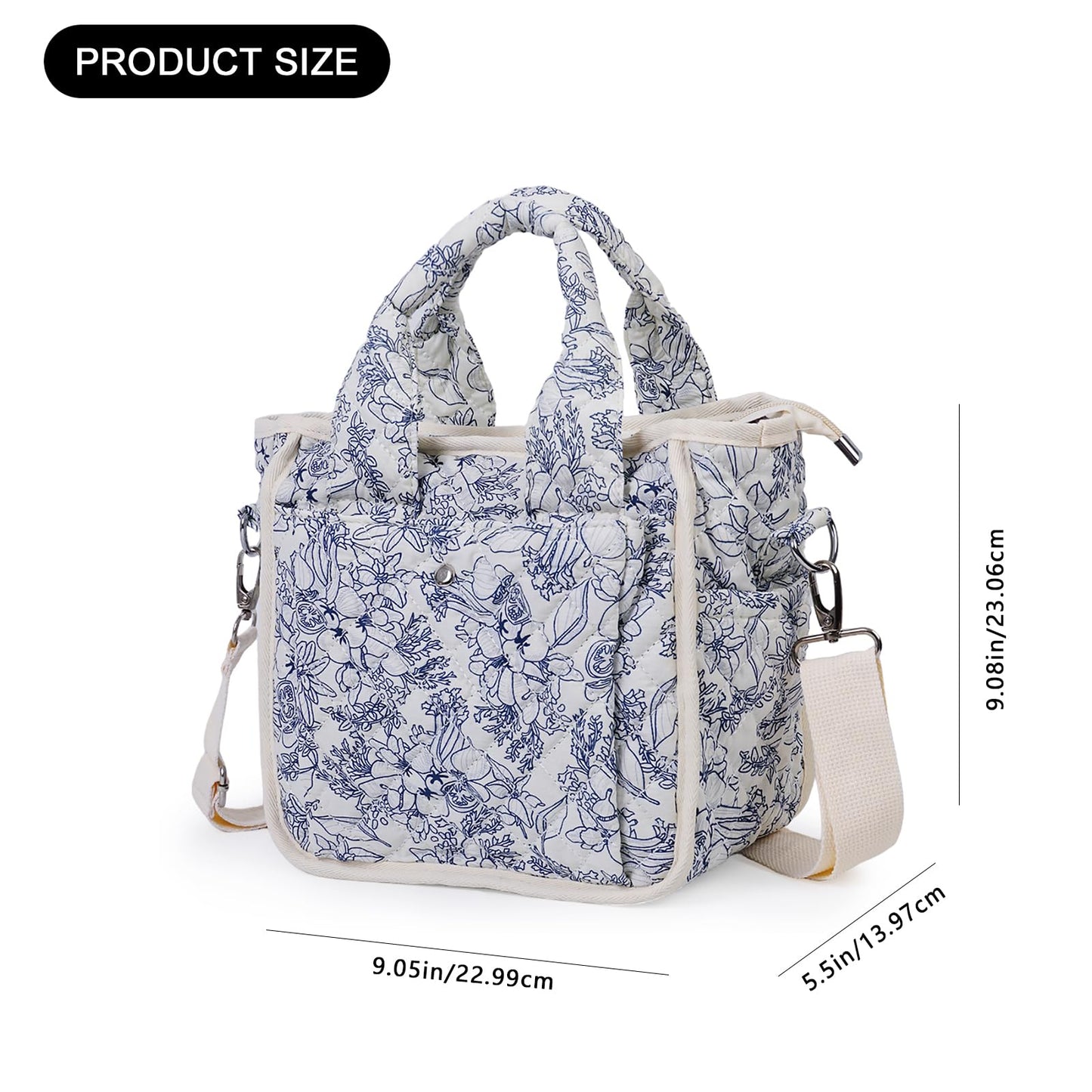 Small Floral Quilted Tote Bag - Cute Crossbody Shoulder Purse with Pockets