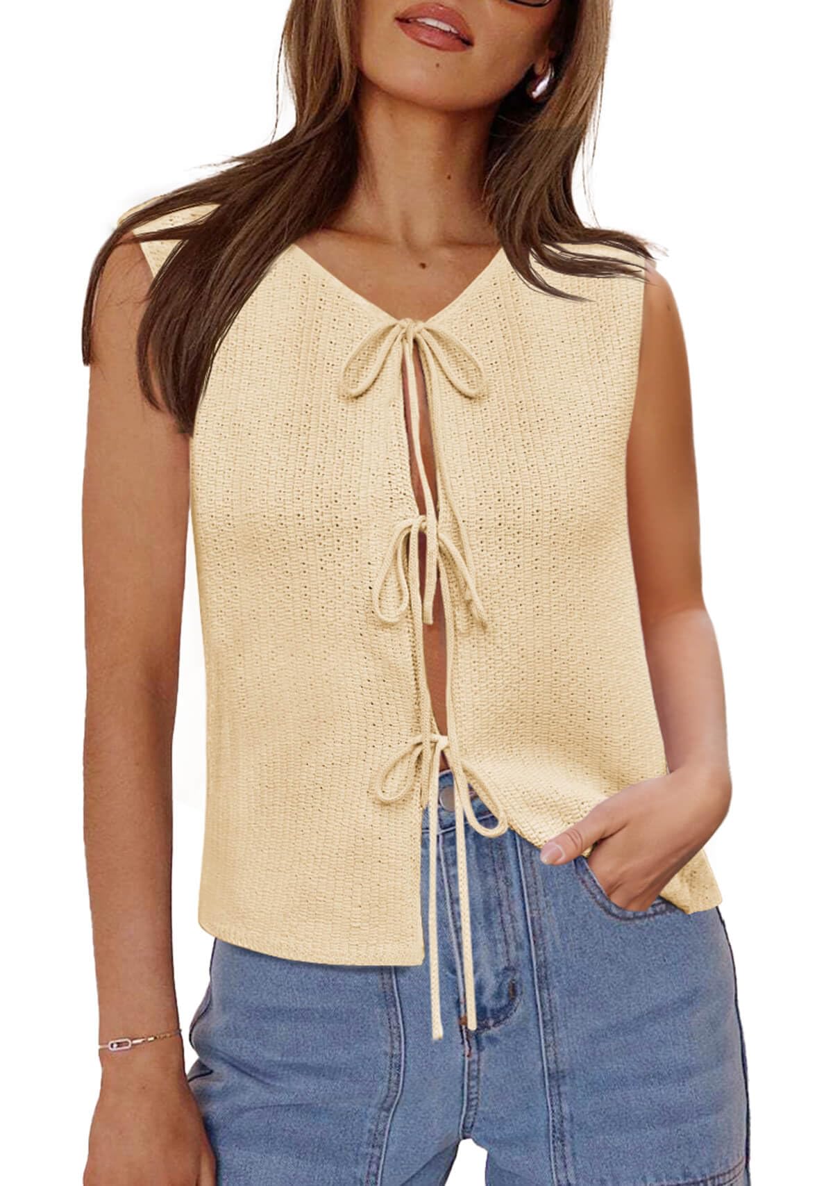 Tie Front Sweater Vest - Sleeveless Crochet Knit Tops Lightweight Cardigan