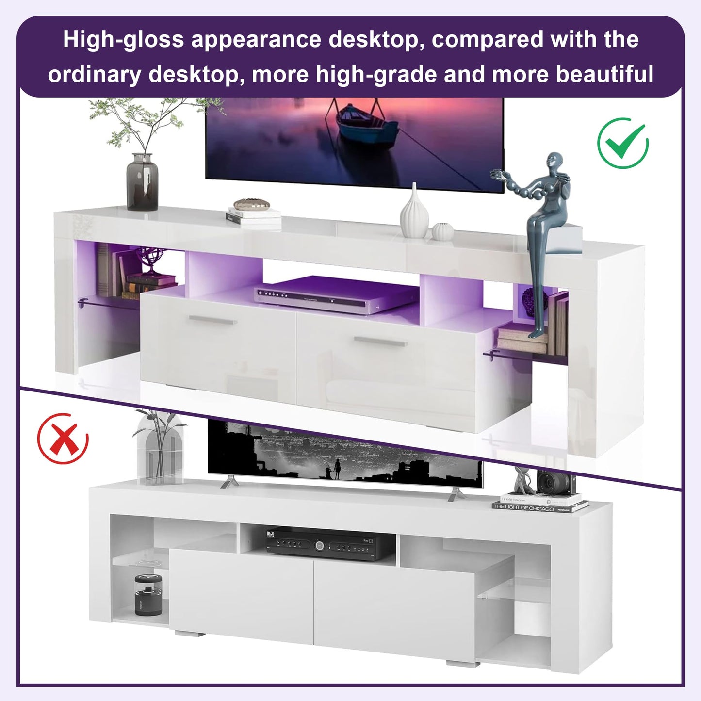 LED TV Stand with Large Storage Drawer -  Modern High Gloss TV Console Table with Entertainment Center