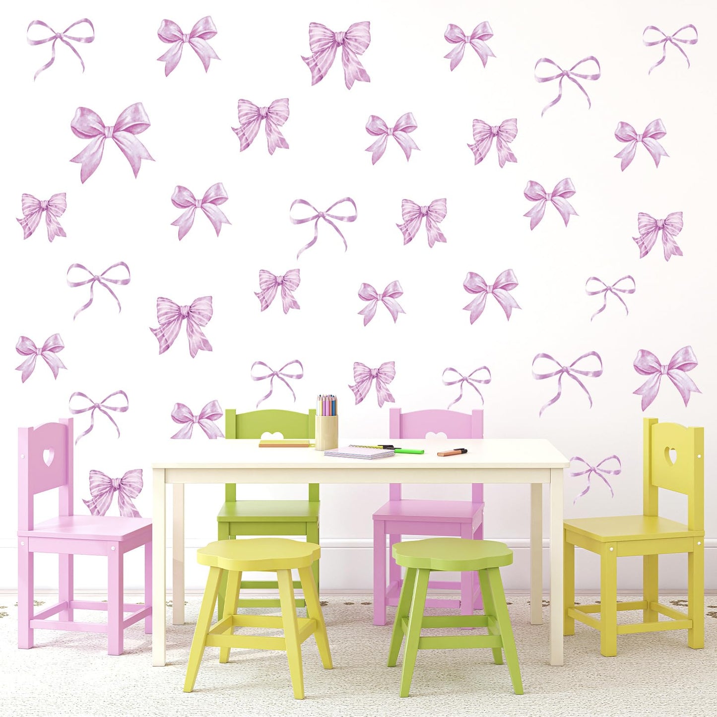 Whaline 12 Sheets Light Purple Bow Wall Stickers Watercolor Bowknot Wall Decals Room Mural Stickers for Coquette Birthday Party Home Nursery Decor, 7.9 x 11.8 Inch