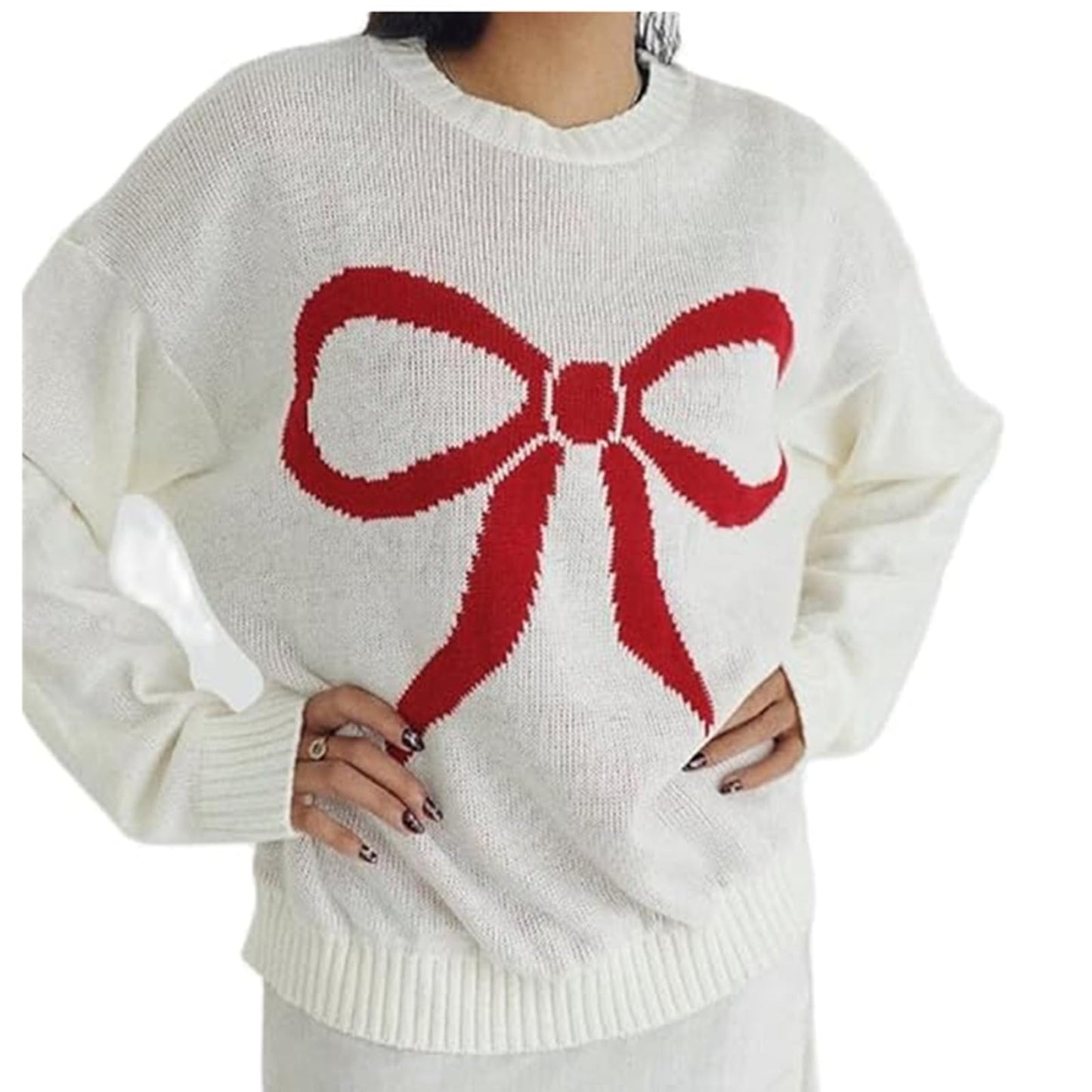 Women Oversized Y2K Fall Sweater Cute Bow Print Long Sleeve Cable Knit Pullover