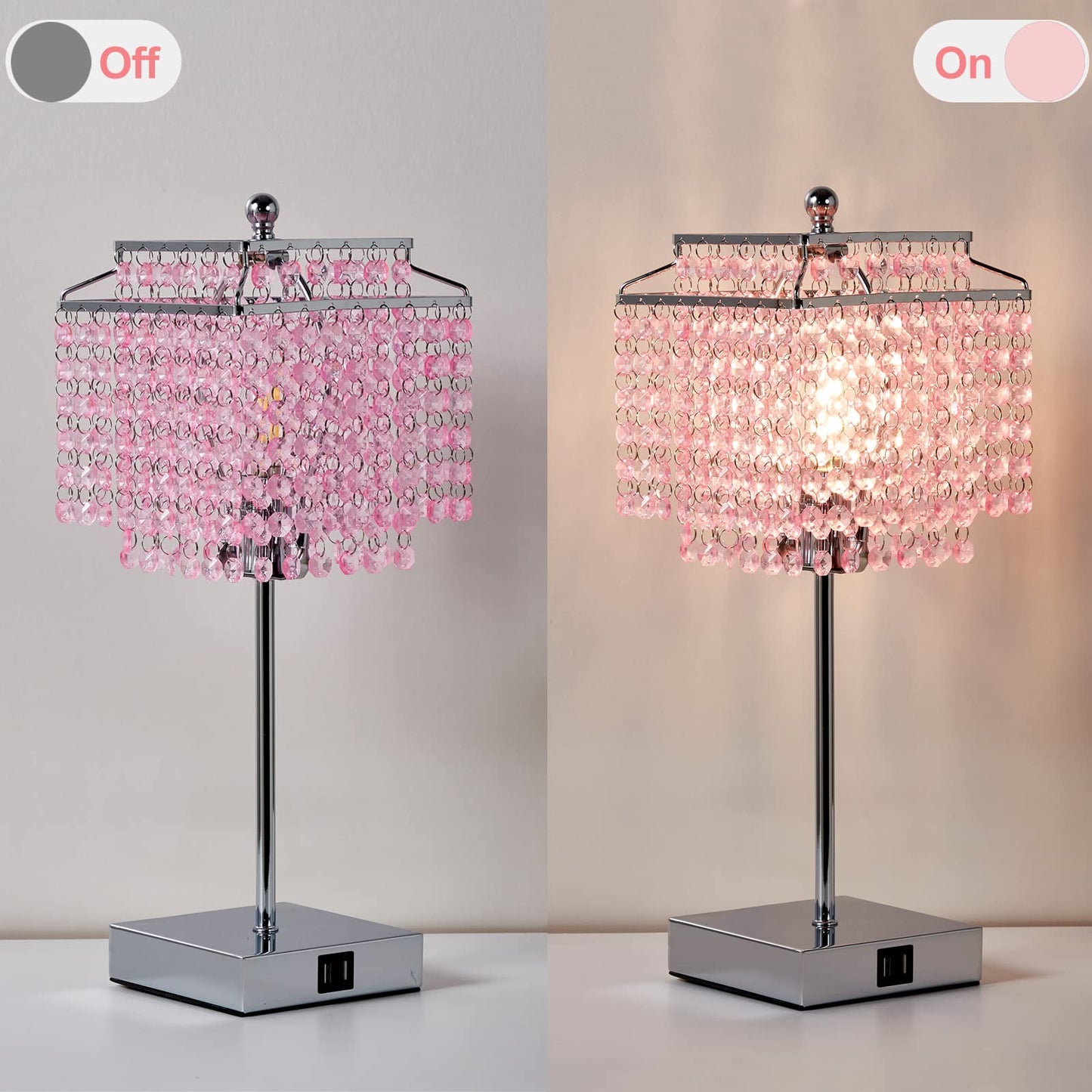 Luvkczc Set of 2 Bedside Pink Crystal Table Lamp, Touch Control Crystal Lamp, 3-Way Dimmable Lamp with Crystal Shade for Bedroom, Girl Living Room, 6W B11 Bulb Included