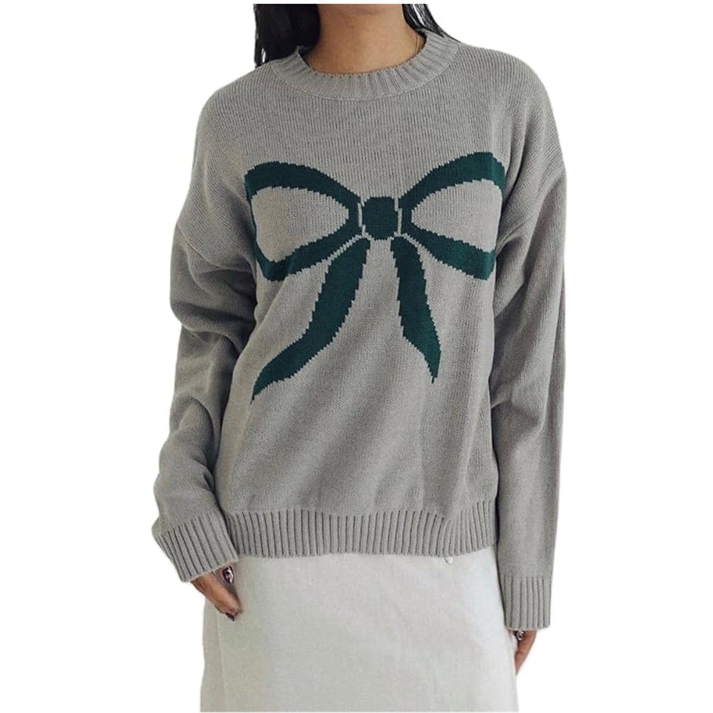 Women Oversized Y2K Fall Sweater Cute Bow Print Long Sleeve Cable Knit Pullover