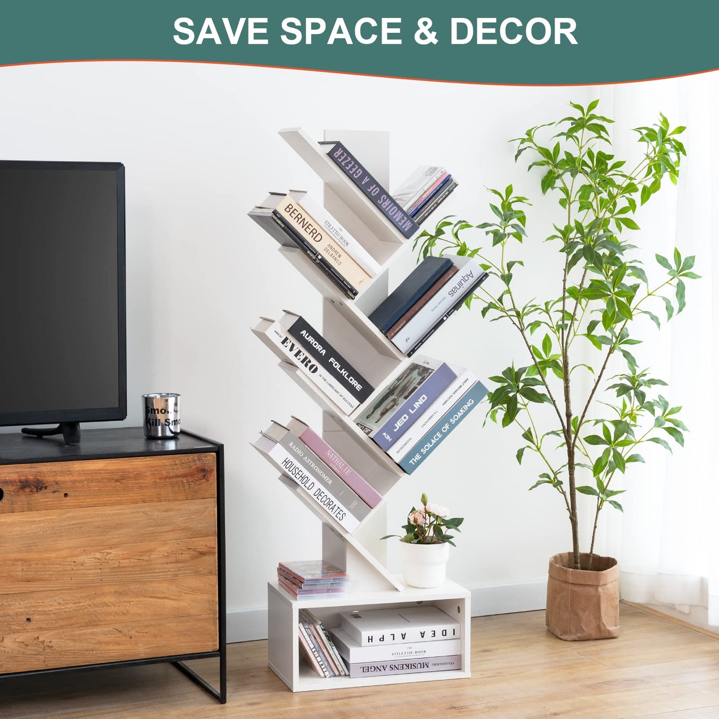 Tree Bookshelf - 6 Shelf Retro Floor Standing Bookcase, Tall Wood Book Storage Rack